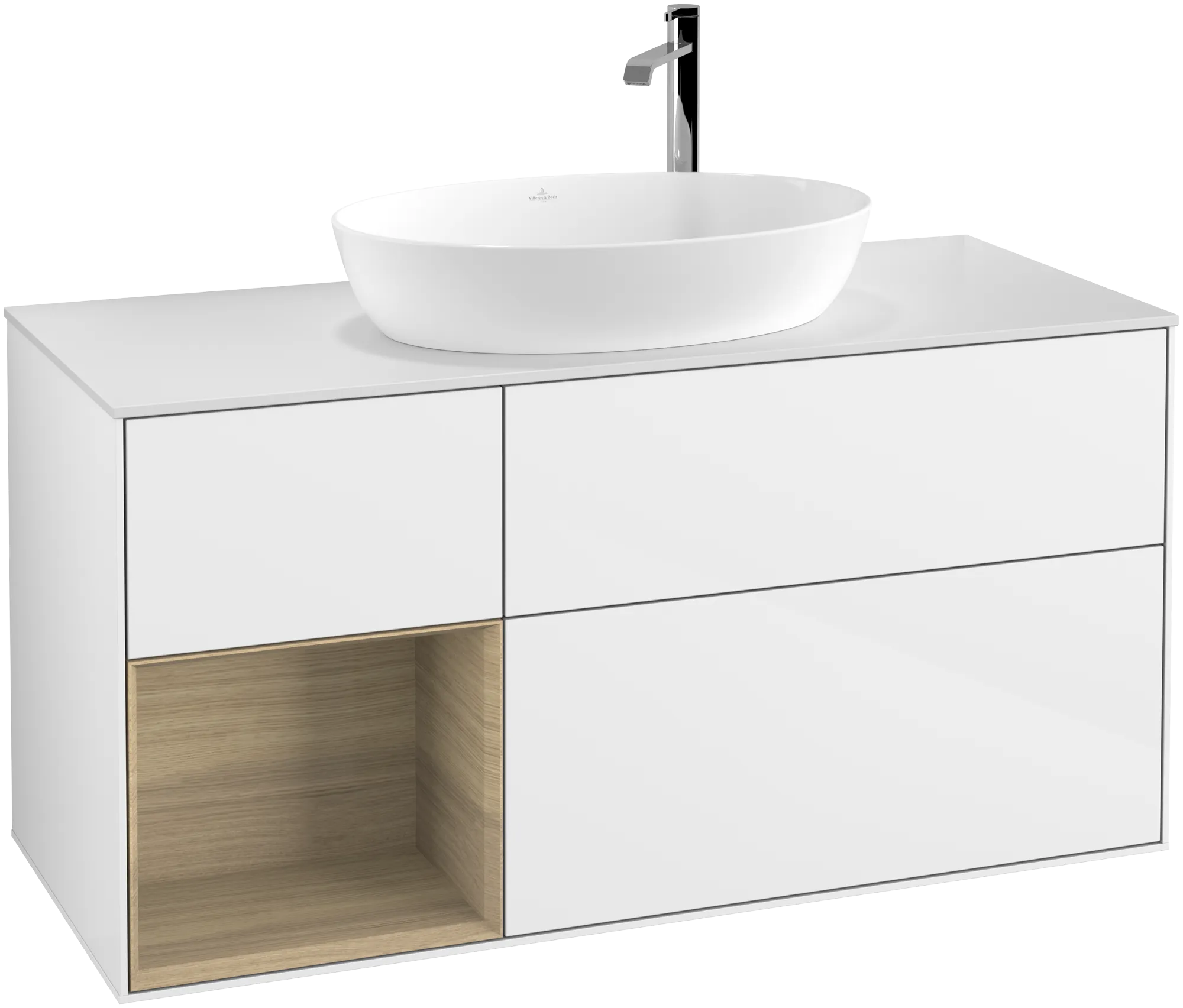 Bild von VILLEROY BOCH Finion Waschbeckenunterschrank, mit Beleuchtung, 3 Auszüge, 1200 x 603 x 501 mm, Glossy White Lacquer / Oak Veneer / Glass White Matt #G941PCGF