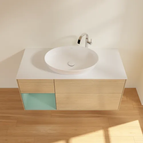 Bild von VILLEROY BOCH Finion Waschbeckenunterschrank, mit Beleuchtung, 3 Auszüge, 1200 x 603 x 501 mm, Oak Veneer / Olive Matt Lacquer / Glass White Matt #G941GMPC