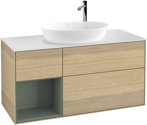Bild von VILLEROY BOCH Finion Waschbeckenunterschrank, mit Beleuchtung, 3 Auszüge, 1200 x 603 x 501 mm, Oak Veneer / Olive Matt Lacquer / Glass White Matt #G941GMPC