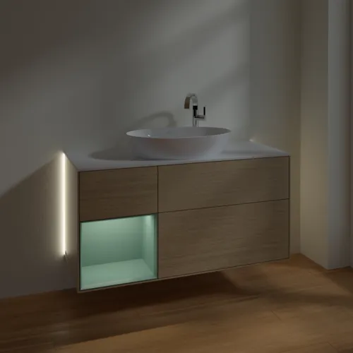Bild von VILLEROY BOCH Finion Waschbeckenunterschrank, mit Beleuchtung, 3 Auszüge, 1200 x 603 x 501 mm, Oak Veneer / Olive Matt Lacquer / Glass White Matt #G941GMPC