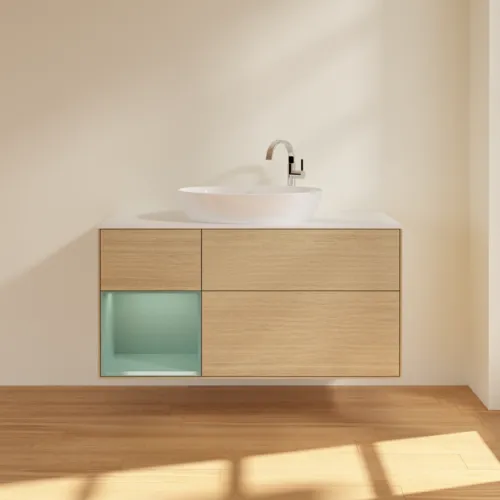 Bild von VILLEROY BOCH Finion Waschbeckenunterschrank, mit Beleuchtung, 3 Auszüge, 1200 x 603 x 501 mm, Oak Veneer / Olive Matt Lacquer / Glass White Matt #G941GMPC