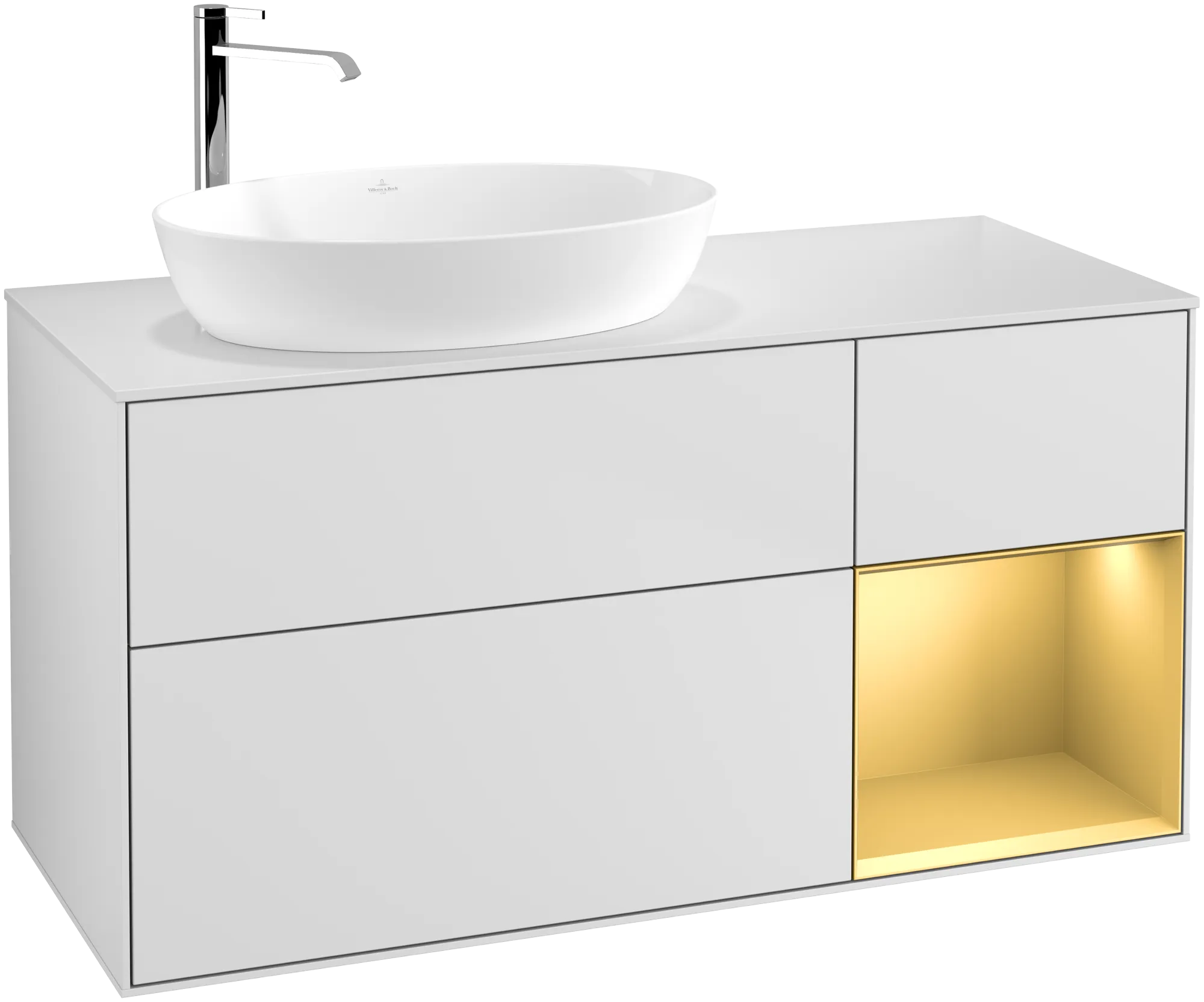 Bild von VILLEROY BOCH Finion Waschbeckenunterschrank, mit Beleuchtung, 3 Auszüge, 1200 x 603 x 501 mm, White Matt Lacquer / Gold Matt Lacquer / Glass White Matt #G931HFMT