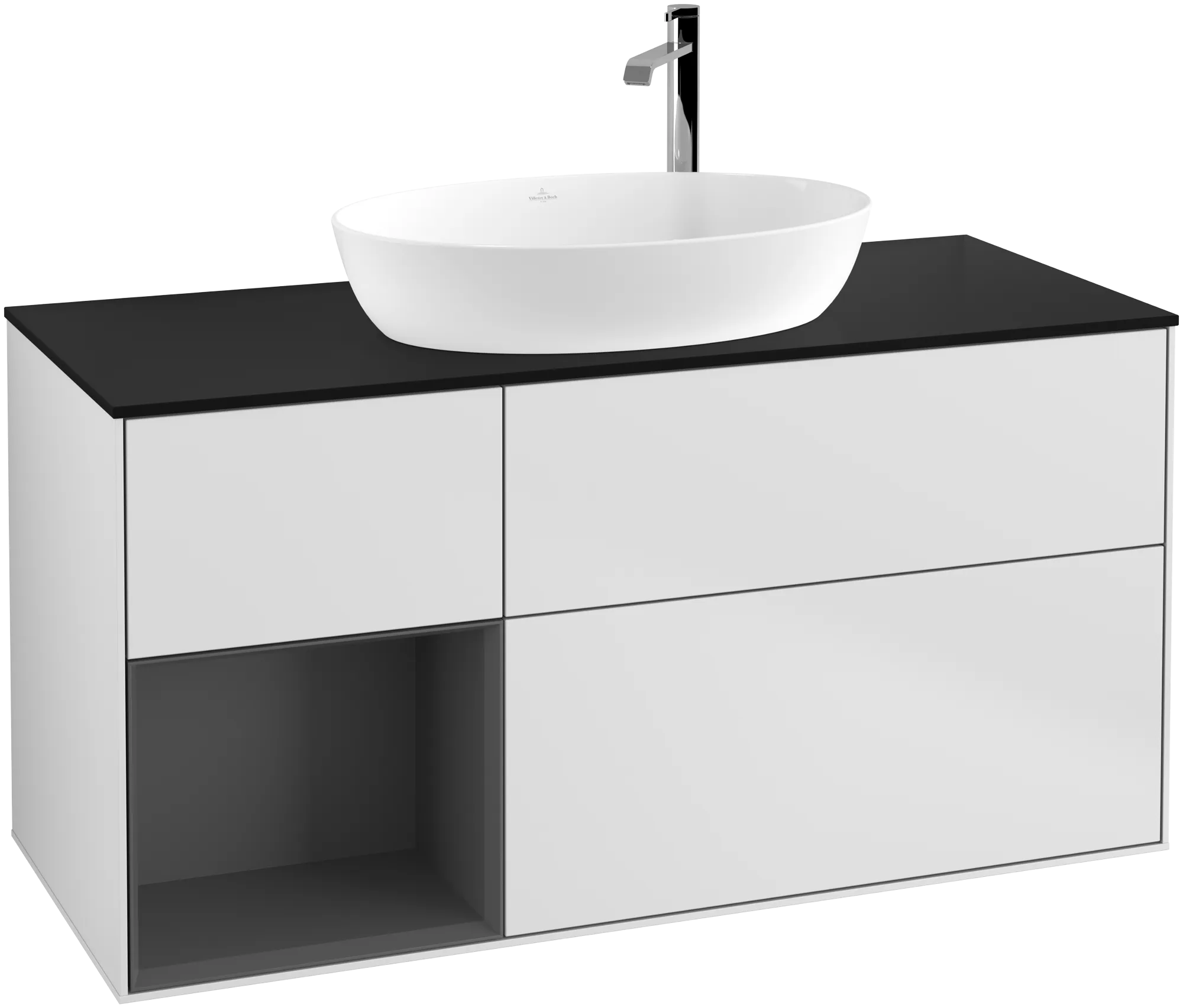 Bild von VILLEROY BOCH Finion Waschbeckenunterschrank, mit Beleuchtung, 3 Auszüge, 1200 x 603 x 501 mm, White Matt Lacquer / Anthracite Matt Lacquer / Glass Black Matt #G942GKMT