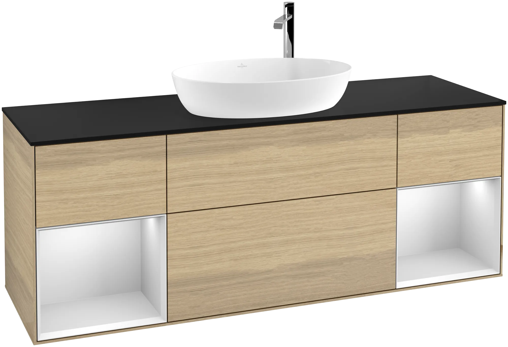 Bild von VILLEROY BOCH Finion Waschbeckenunterschrank, mit Beleuchtung, 4 Auszüge, 1600 x 603 x 501 mm, Oak Veneer / White Matt Lacquer / Glass Black Matt #G982MTPC