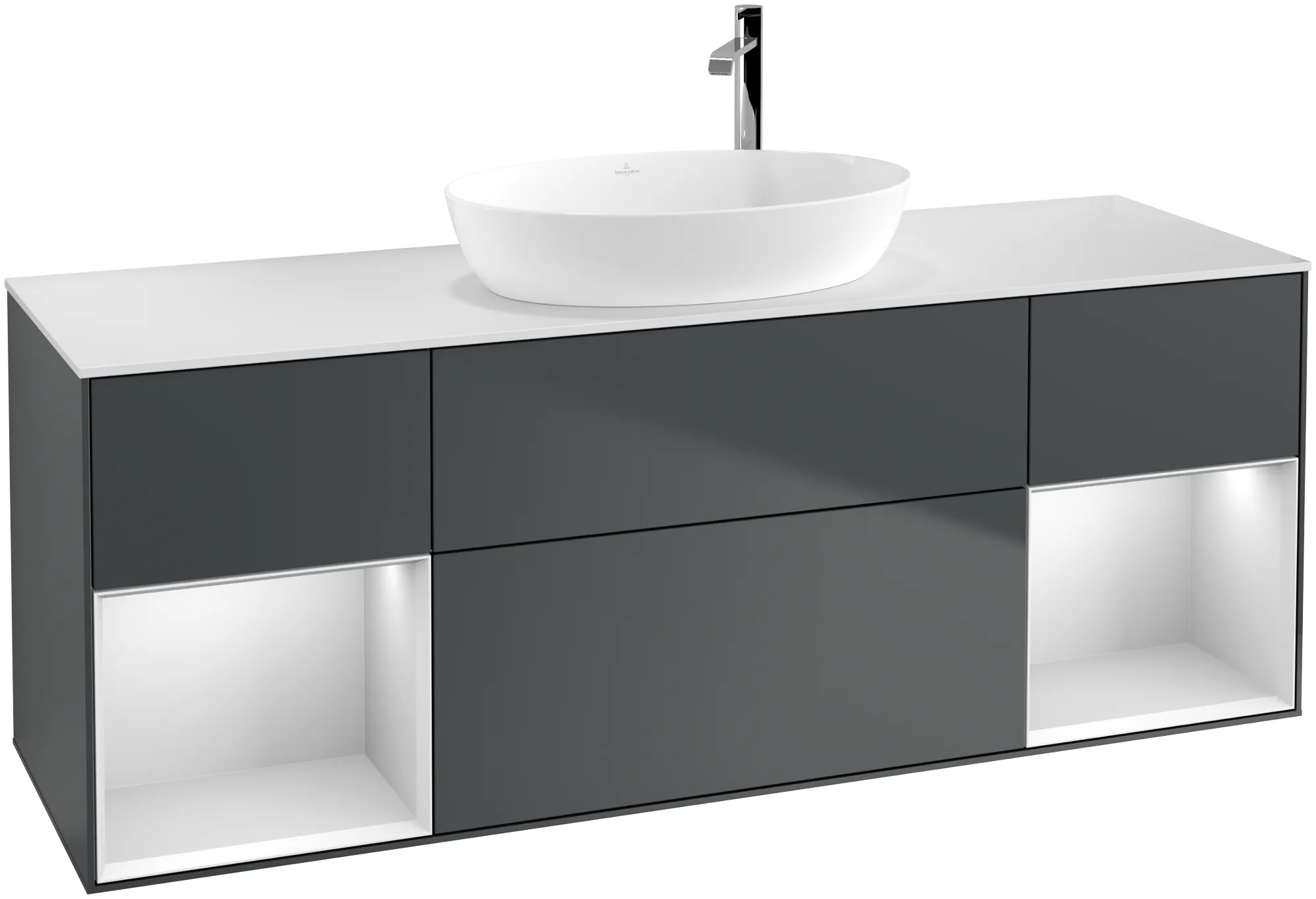 Bild von VILLEROY BOCH Finion Waschbeckenunterschrank, mit Beleuchtung, 4 Auszüge, 1600 x 603 x 501 mm, Midnight Blue Matt Lacquer / White Matt Lacquer / Glass White Matt #G981MTHG