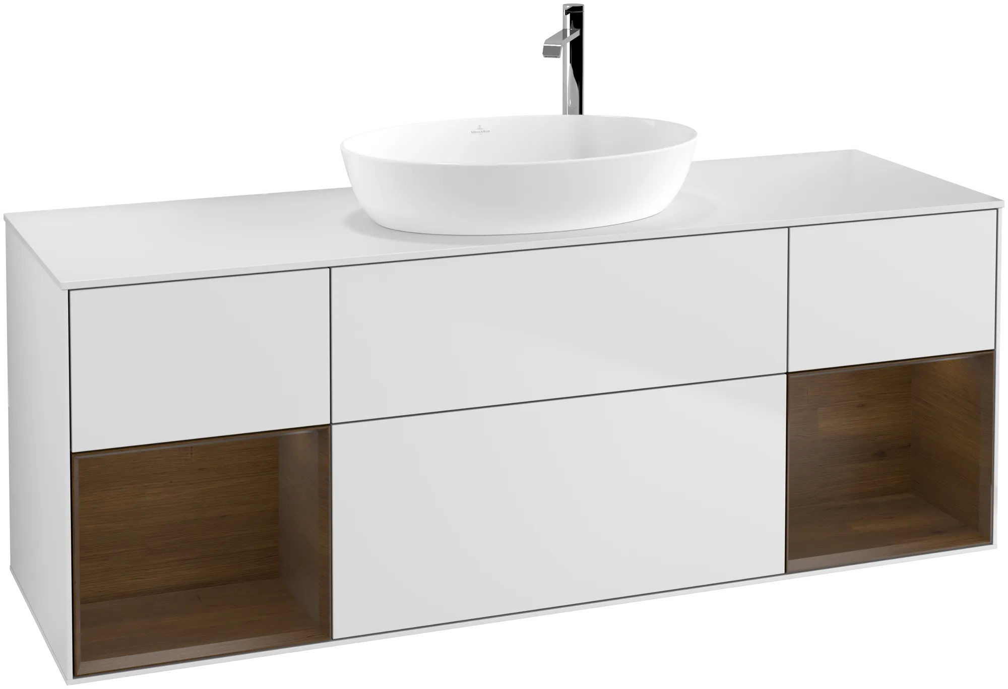 Bild von VILLEROY BOCH Finion Waschbeckenunterschrank, mit Beleuchtung, 4 Auszüge, 1600 x 603 x 501 mm, White Matt Lacquer / Walnut Veneer / Glass White Matt #G981GNMT