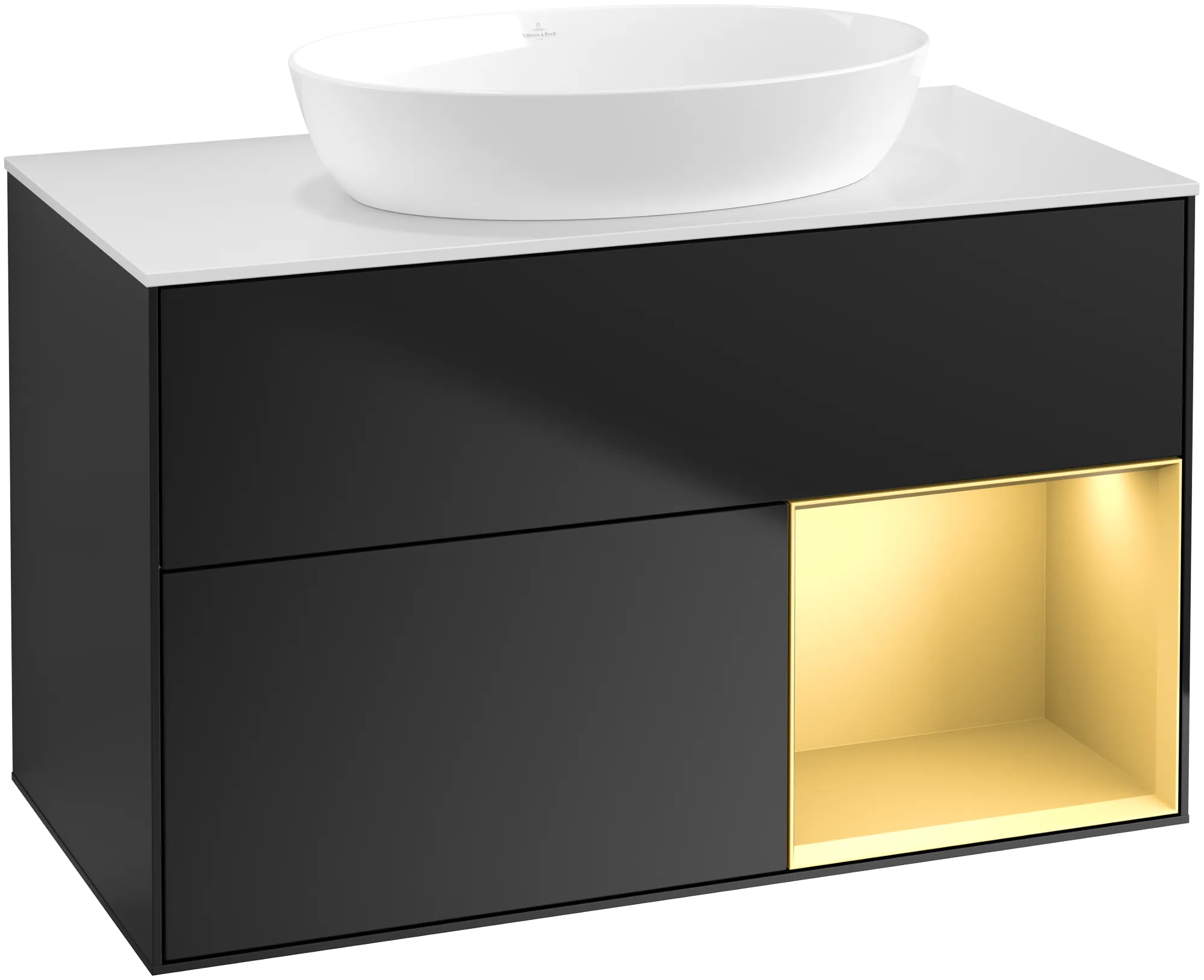 Bild von VILLEROY BOCH Finion Waschbeckenunterschrank, mit Beleuchtung, 2 Auszüge, 1000 x 603 x 501 mm, Black Matt Lacquer / Gold Matt Lacquer / Glass White Matt #GA21HFPD