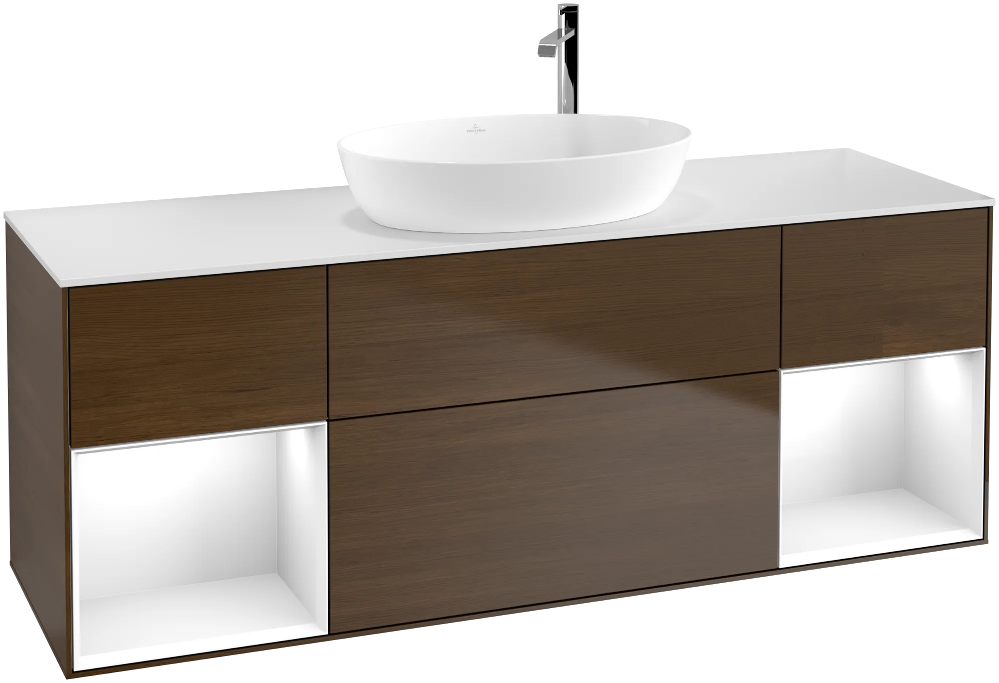 Bild von VILLEROY BOCH Finion Waschbeckenunterschrank, mit Beleuchtung, 4 Auszüge, 1600 x 603 x 501 mm, Walnut Veneer / Glossy White Lacquer / Glass White Matt #G981GFGN