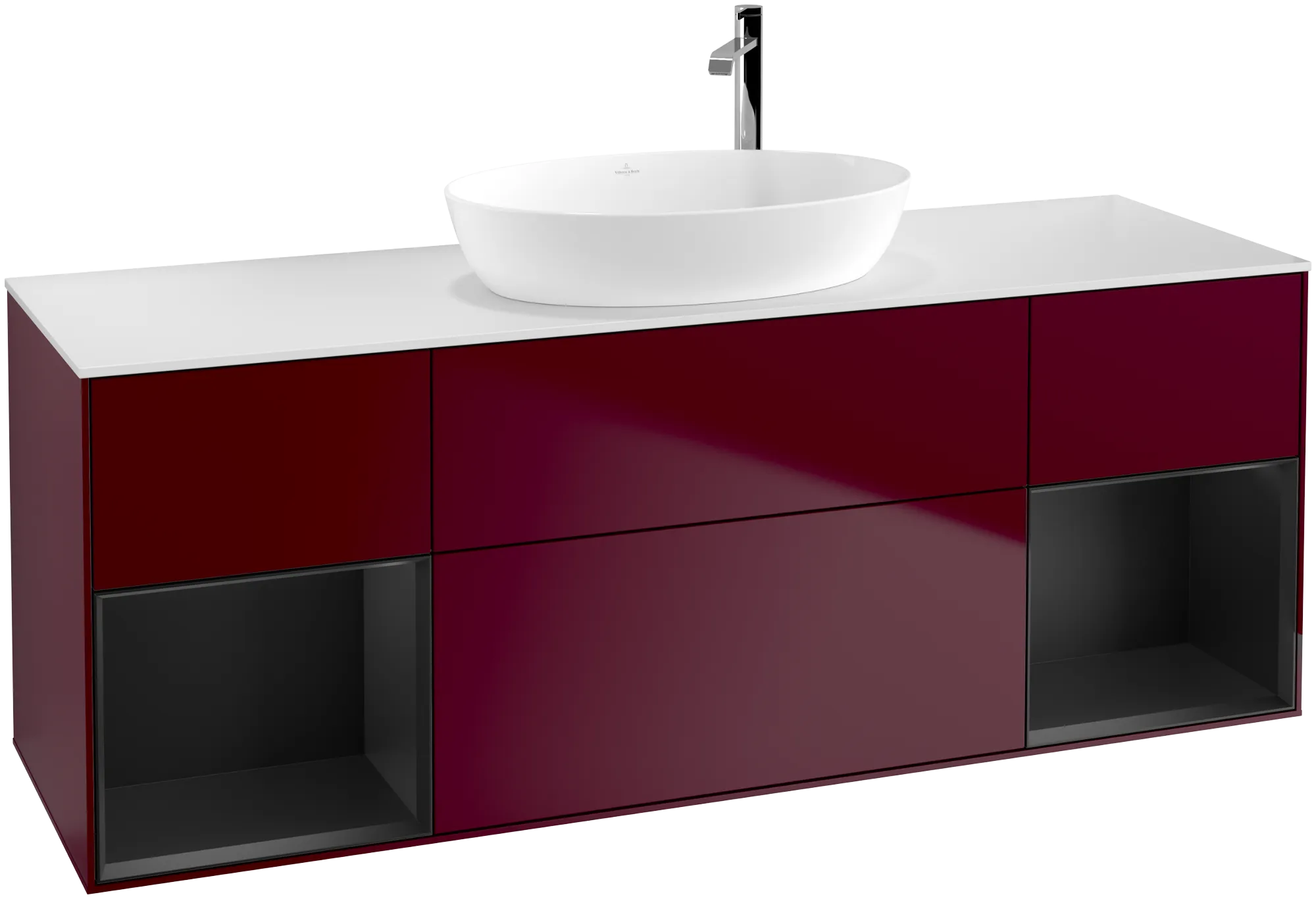 Bild von VILLEROY BOCH Finion Waschbeckenunterschrank, mit Beleuchtung, 4 Auszüge, 1600 x 603 x 501 mm, Peony Matt Lacquer / Black Matt Lacquer / Glass White Matt #G981PDHB