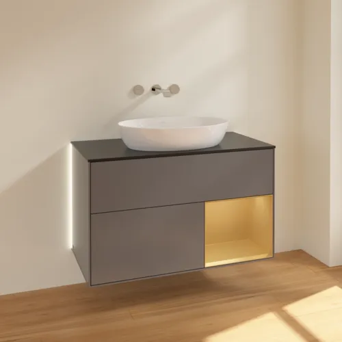 Bild von VILLEROY BOCH Finion Waschbeckenunterschrank, mit Beleuchtung, 2 Auszüge, 1000 x 603 x 501 mm, Anthracite Matt Lacquer / Gold Matt Lacquer / Glass Black Matt #GA22HFGK