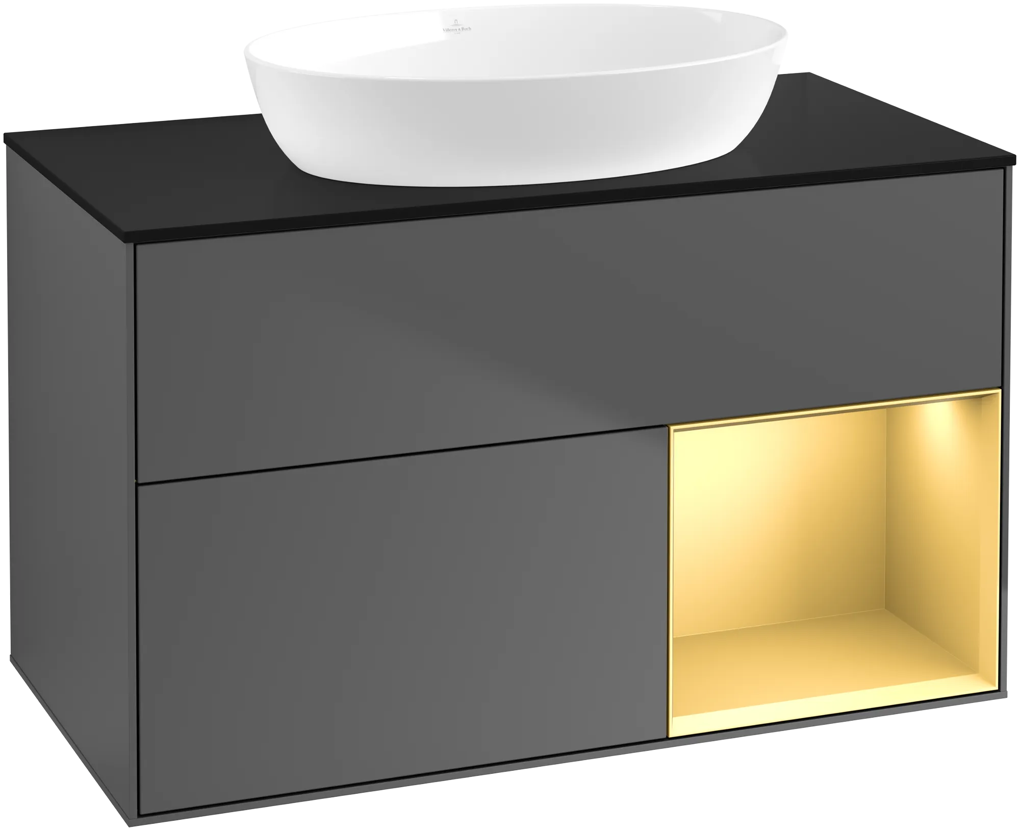 Bild von VILLEROY BOCH Finion Waschbeckenunterschrank, mit Beleuchtung, 2 Auszüge, 1000 x 603 x 501 mm, Anthracite Matt Lacquer / Gold Matt Lacquer / Glass Black Matt #GA22HFGK