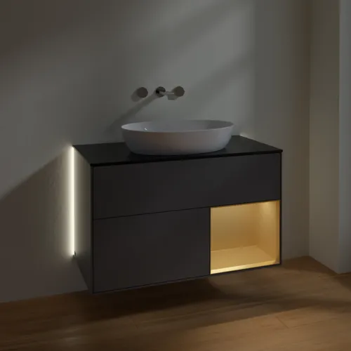 Bild von VILLEROY BOCH Finion Waschbeckenunterschrank, mit Beleuchtung, 2 Auszüge, 1000 x 603 x 501 mm, Anthracite Matt Lacquer / Gold Matt Lacquer / Glass Black Matt #GA22HFGK