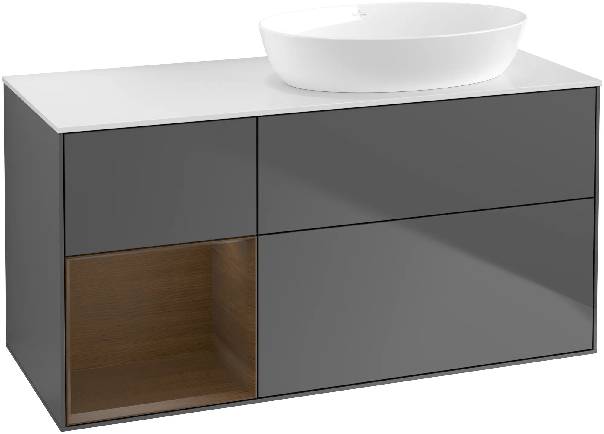 Bild von VILLEROY BOCH Finion Waschbeckenunterschrank, mit Beleuchtung, 3 Auszüge, 1200 x 603 x 501 mm, Anthracite Matt Lacquer / Walnut Veneer / Glass White Matt #GA41GNGK