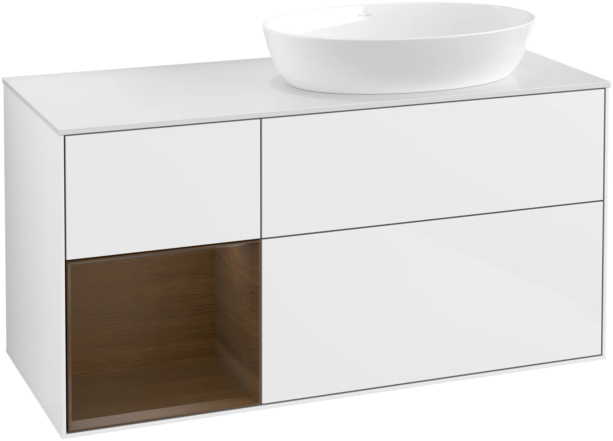 Bild von VILLEROY BOCH Finion Waschbeckenunterschrank, mit Beleuchtung, 3 Auszüge, 1200 x 603 x 501 mm, Glossy White Lacquer / Walnut Veneer / Glass White Matt #GA41GNGF