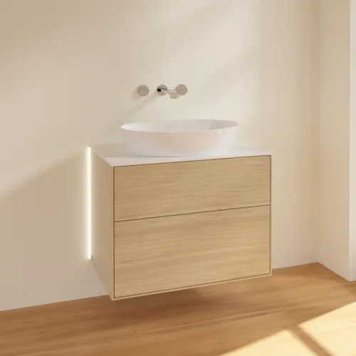Obrázek VILLEROY BOCH Finion Vanity unit, with lighting, 2 pull-out compartments, 800 x 603 x 501 mm, Oak Veneer / Glass White Matt #G99100PC