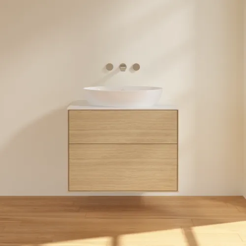 Obrázek VILLEROY BOCH Finion Vanity unit, with lighting, 2 pull-out compartments, 800 x 603 x 501 mm, Oak Veneer / Glass White Matt #G99100PC