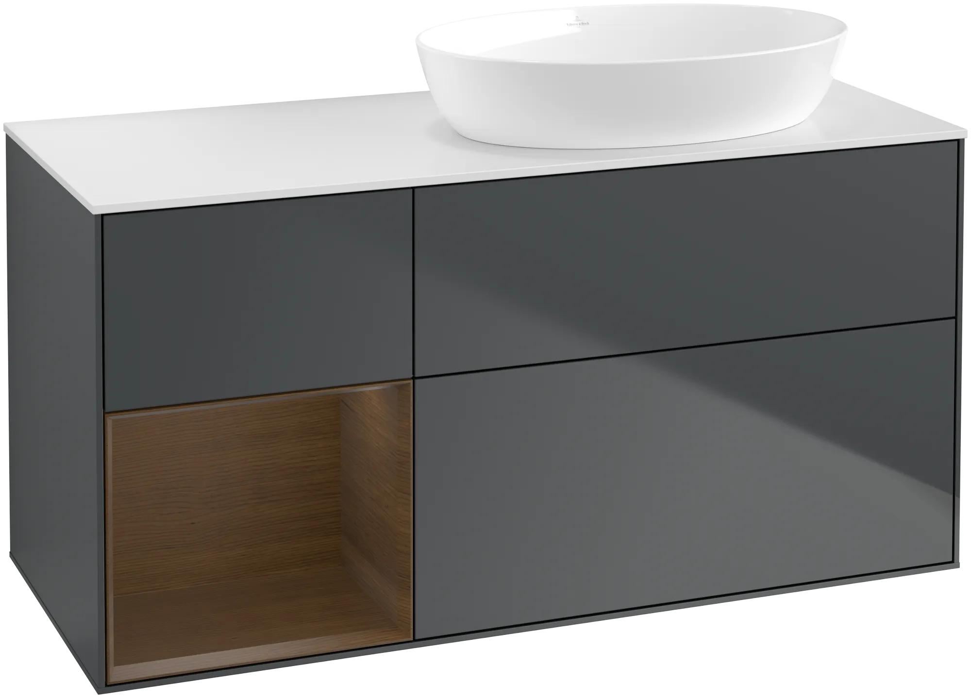 Bild von VILLEROY BOCH Finion Waschbeckenunterschrank, mit Beleuchtung, 3 Auszüge, 1200 x 603 x 501 mm, Midnight Blue Matt Lacquer / Walnut Veneer / Glass White Matt #GA41GNHG