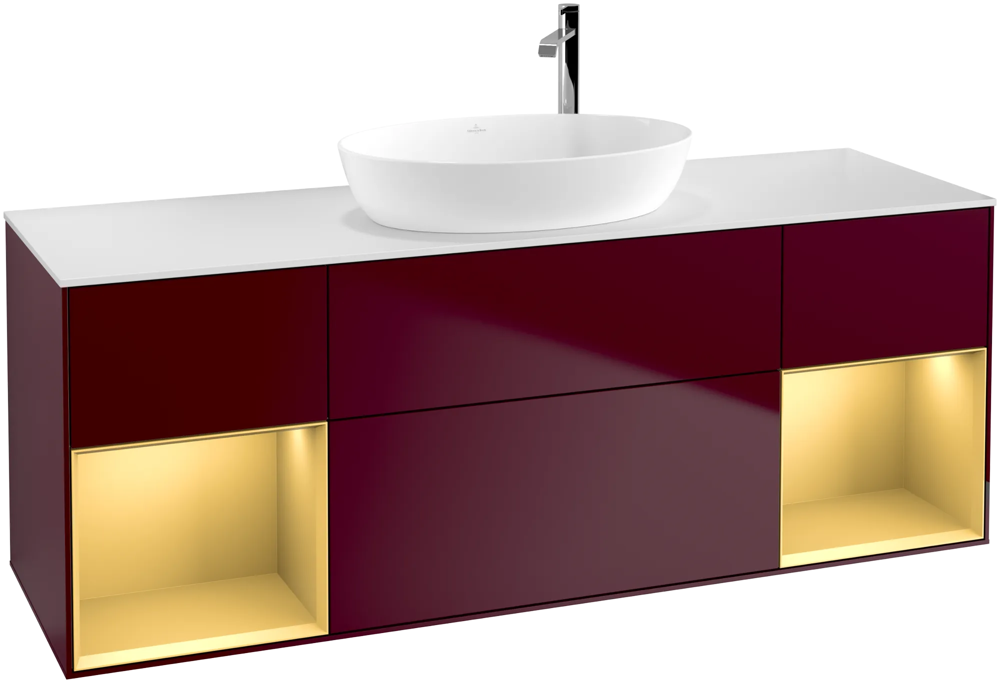Bild von VILLEROY BOCH Finion Waschbeckenunterschrank, mit Beleuchtung, 4 Auszüge, 1600 x 603 x 501 mm, Peony Matt Lacquer / Gold Matt Lacquer / Glass White Matt #G981HFHB