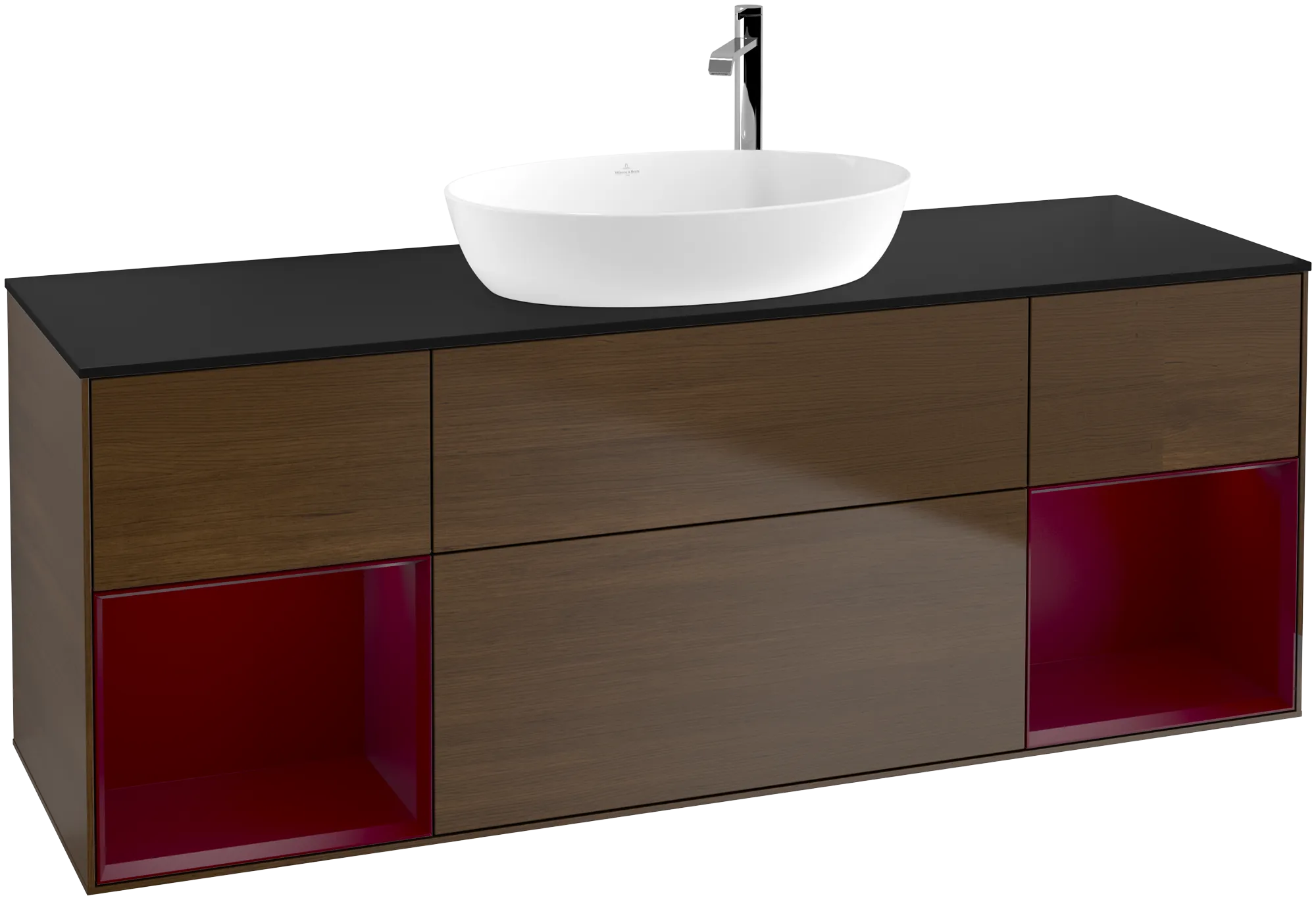 Bild von VILLEROY BOCH Finion Waschbeckenunterschrank, mit Beleuchtung, 4 Auszüge, 1600 x 603 x 501 mm, Walnut Veneer / Peony Matt Lacquer / Glass Black Matt #G982HBGN