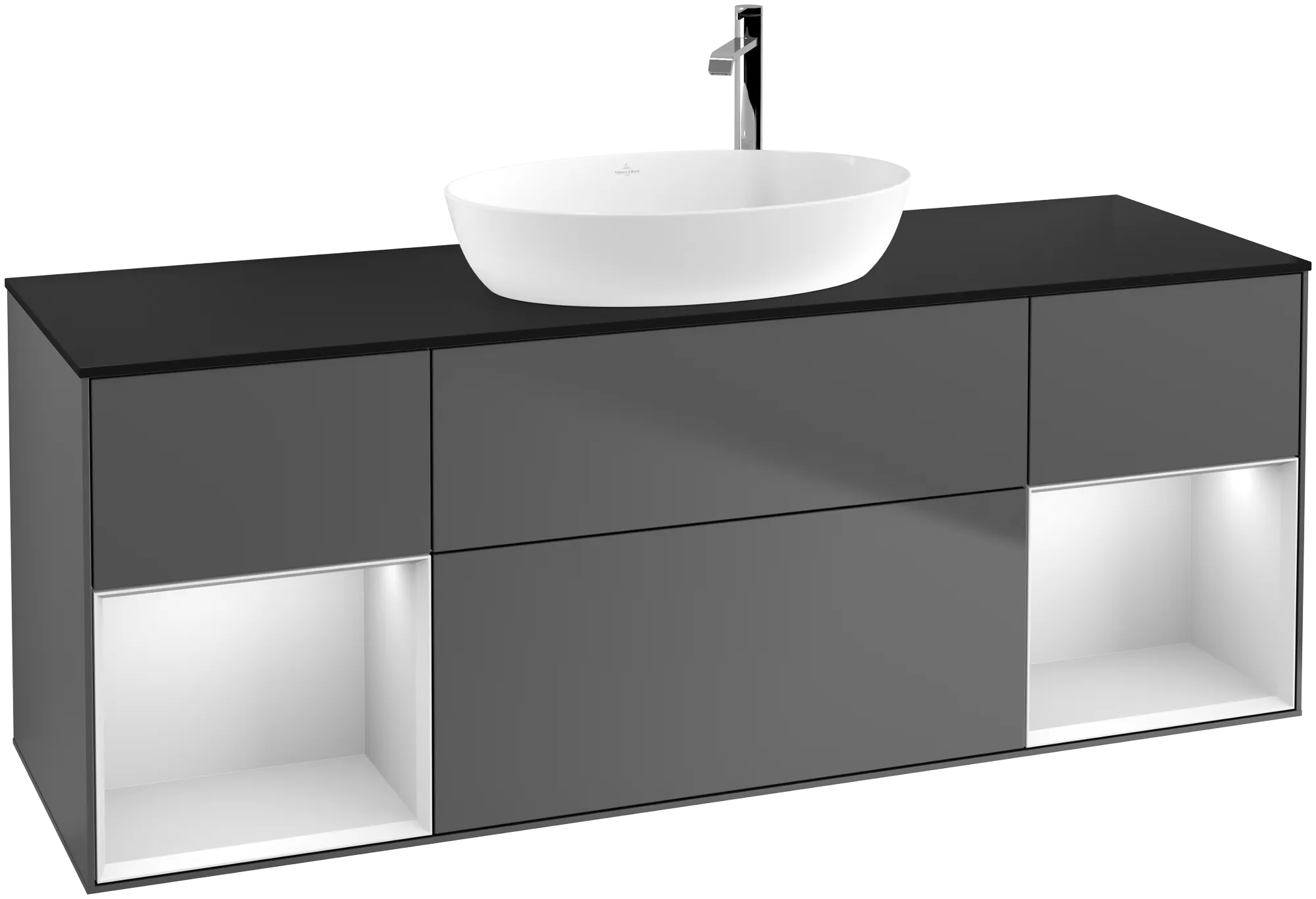 Bild von VILLEROY BOCH Finion Waschbeckenunterschrank, mit Beleuchtung, 4 Auszüge, 1600 x 603 x 501 mm, Anthracite Matt Lacquer / White Matt Lacquer / Glass Black Matt #G982MTGK