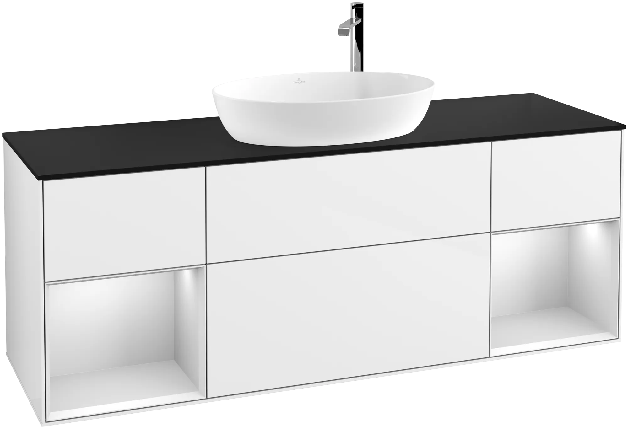 Bild von VILLEROY BOCH Finion Waschbeckenunterschrank, mit Beleuchtung, 4 Auszüge, 1600 x 603 x 501 mm, Glossy White Lacquer / White Matt Lacquer / Glass Black Matt #G982MTGF