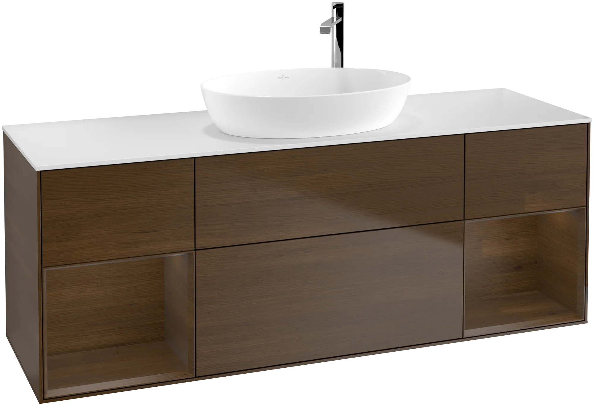 Bild von VILLEROY BOCH Finion Waschbeckenunterschrank, mit Beleuchtung, 4 Auszüge, 1600 x 603 x 501 mm, Walnut Veneer / Walnut Veneer / Glass White Matt #G981GNGN