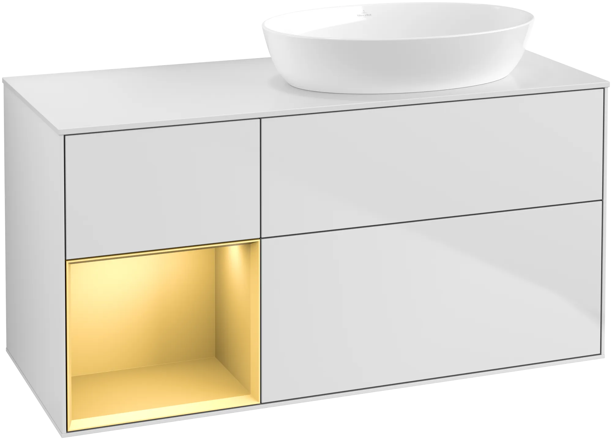 Bild von VILLEROY BOCH Finion Waschbeckenunterschrank, mit Beleuchtung, 3 Auszüge, 1200 x 603 x 501 mm, White Matt Lacquer / Gold Matt Lacquer / Glass White Matt #GA41HFMT