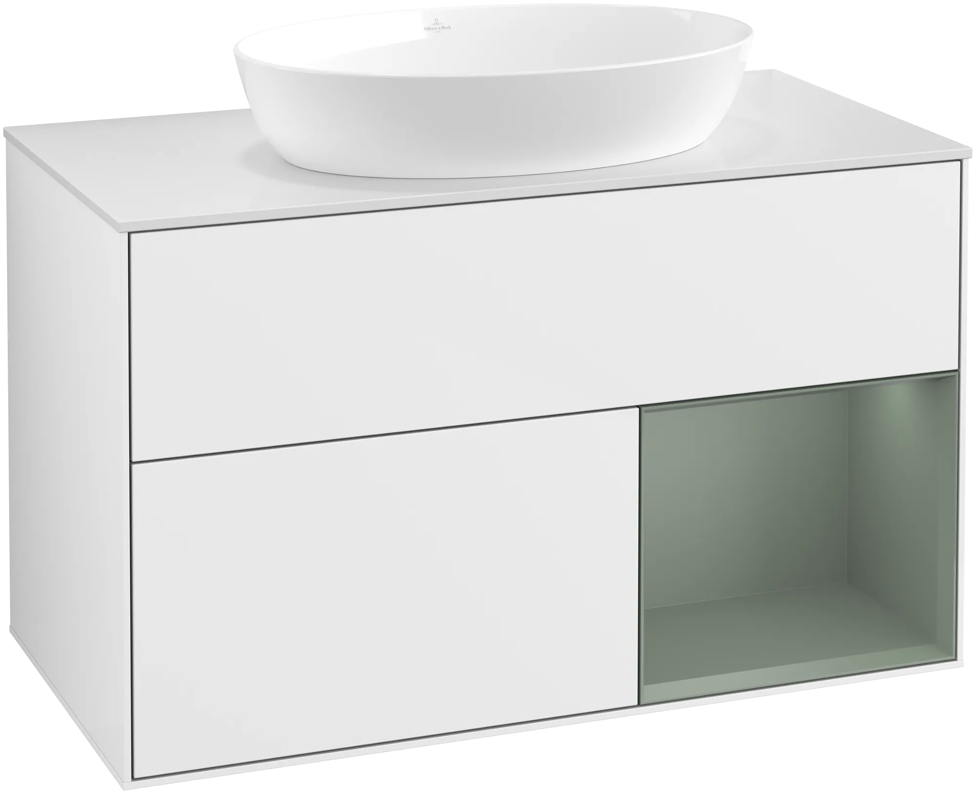 Bild von VILLEROY BOCH Finion Waschbeckenunterschrank, mit Beleuchtung, 2 Auszüge, 1000 x 603 x 501 mm, Glossy White Lacquer / Olive Matt Lacquer / Glass White Matt #GA21GMGF