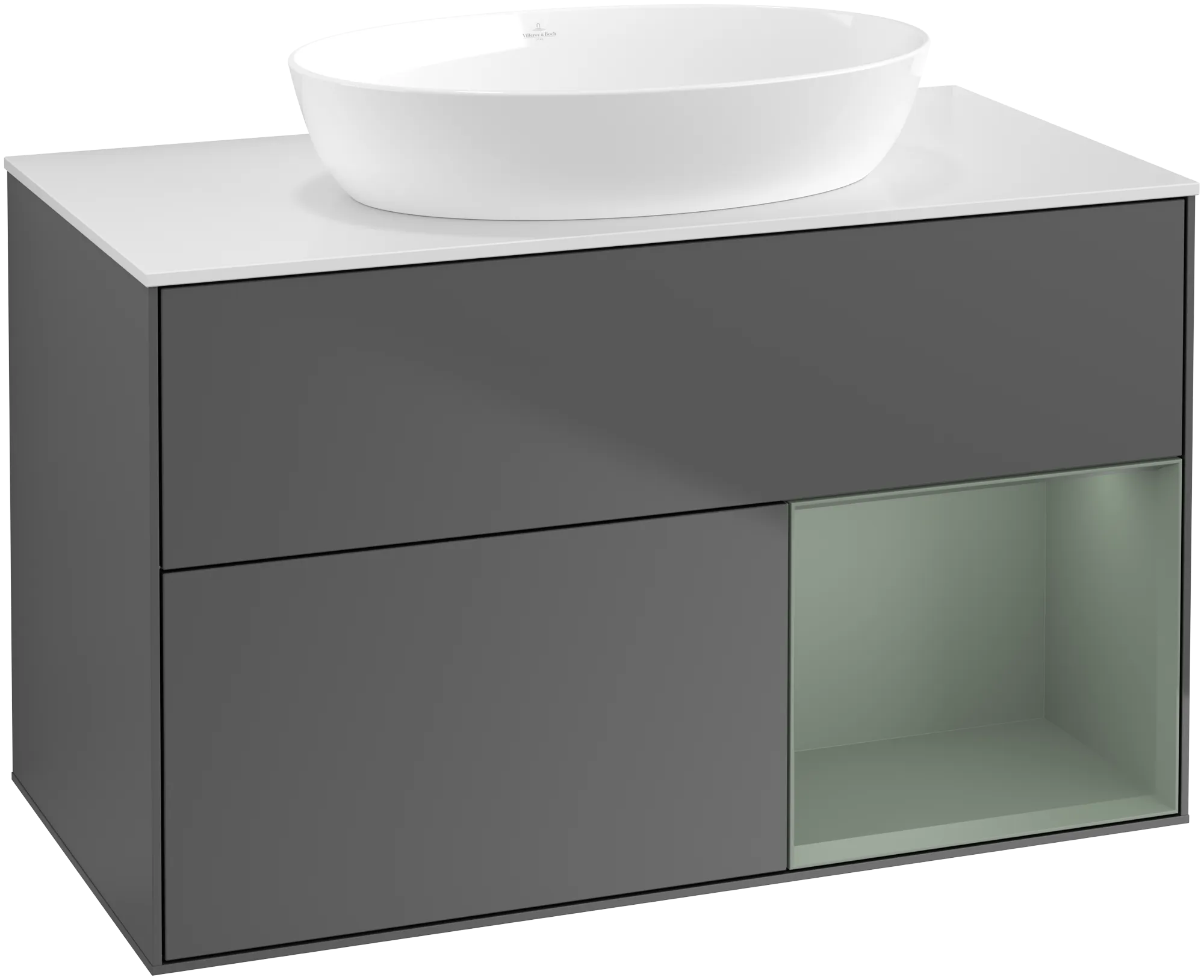 Bild von VILLEROY BOCH Finion Waschbeckenunterschrank, mit Beleuchtung, 2 Auszüge, 1000 x 603 x 501 mm, Anthracite Matt Lacquer / Olive Matt Lacquer / Glass White Matt #GA21GMGK
