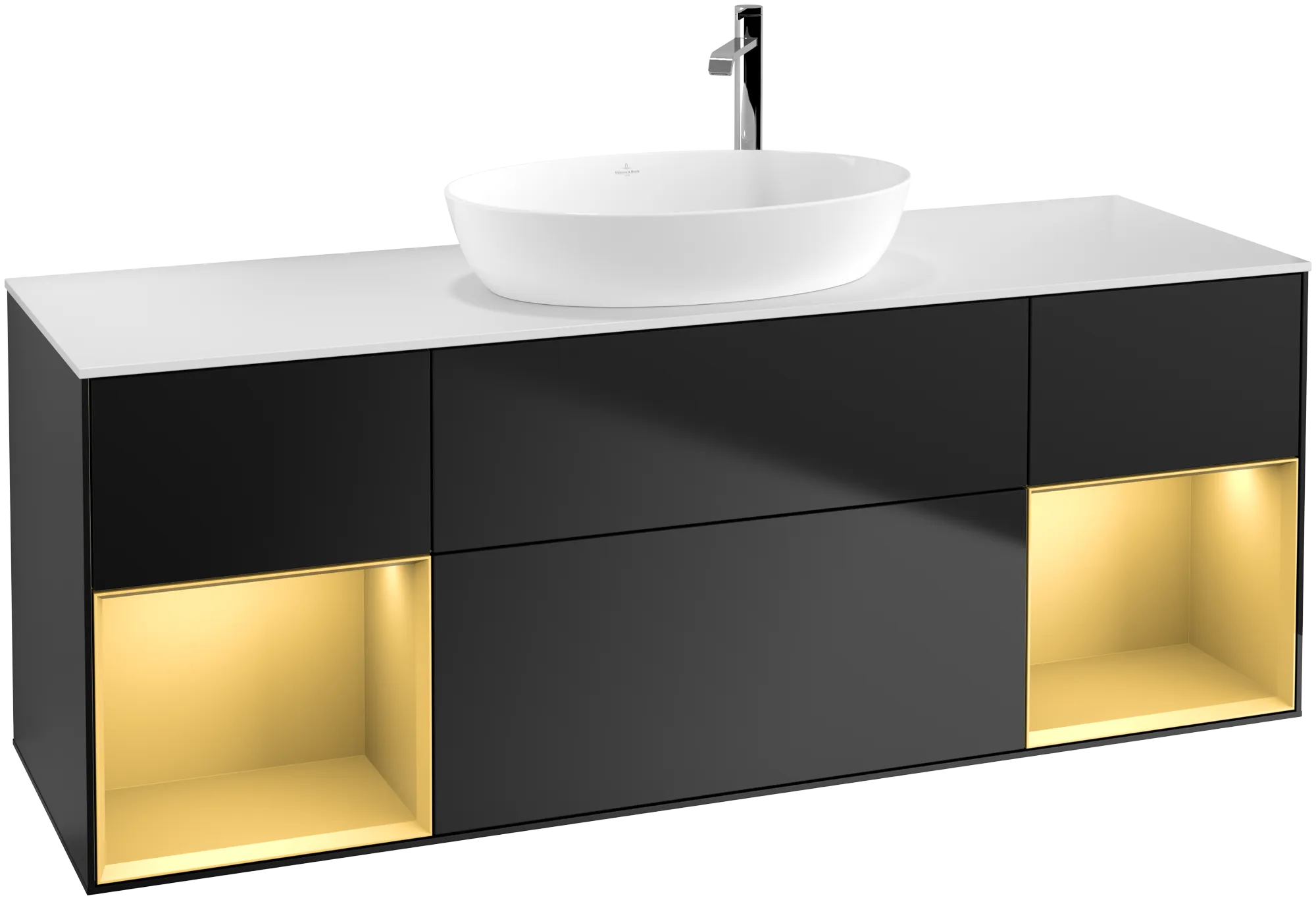 Bild von VILLEROY BOCH Finion Waschbeckenunterschrank, mit Beleuchtung, 4 Auszüge, 1600 x 603 x 501 mm, Black Matt Lacquer / Gold Matt Lacquer / Glass White Matt #G981HFPD
