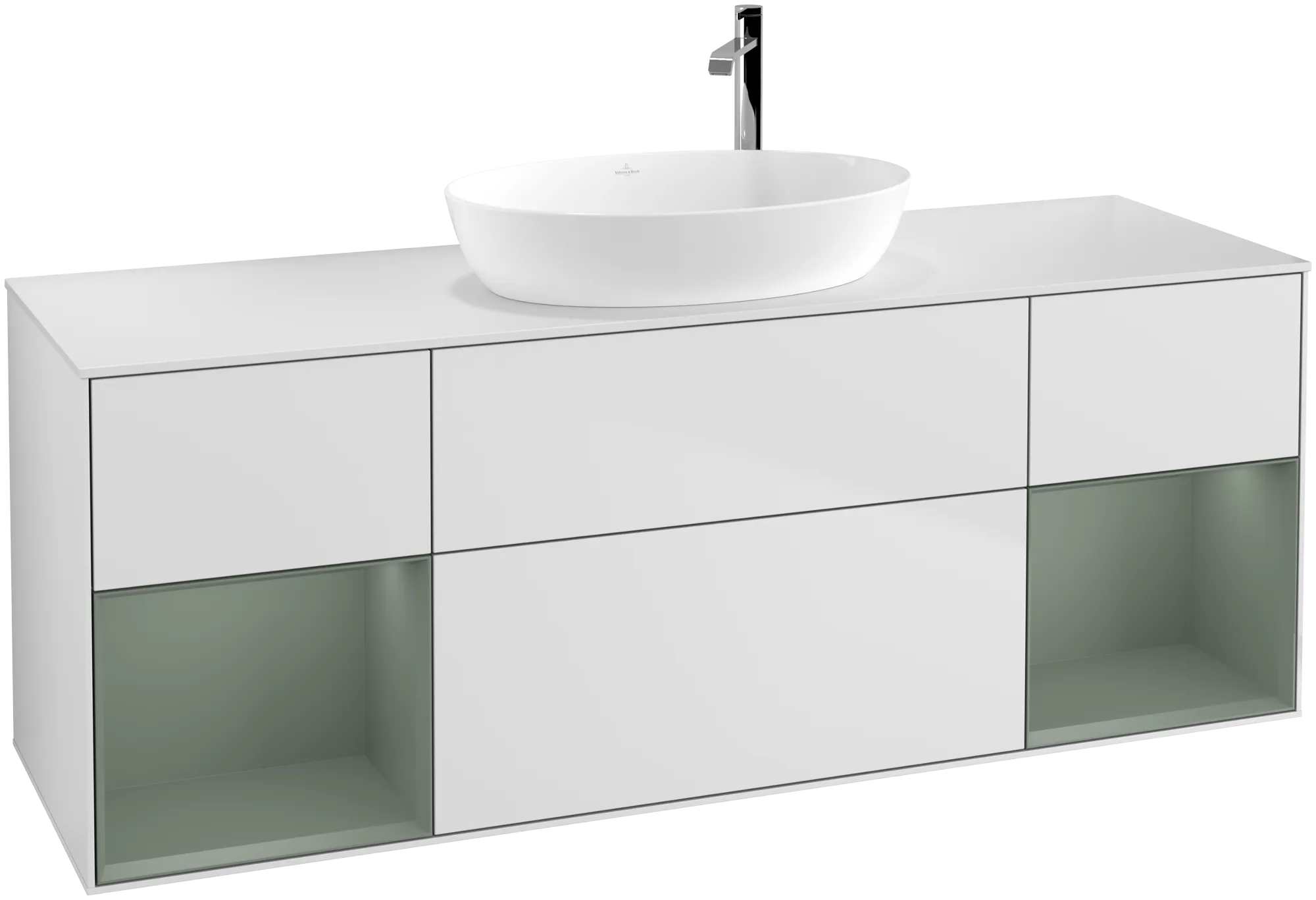 Bild von VILLEROY BOCH Finion Waschbeckenunterschrank, mit Beleuchtung, 4 Auszüge, 1600 x 603 x 501 mm, White Matt Lacquer / Olive Matt Lacquer / Glass White Matt #G981GMMT
