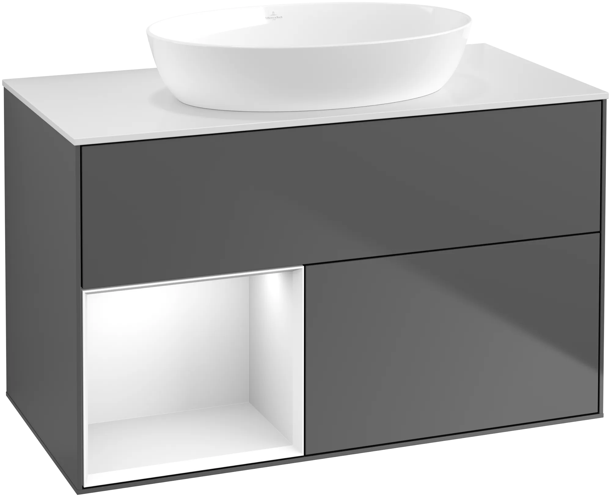 Bild von VILLEROY BOCH Finion Waschbeckenunterschrank, mit Beleuchtung, 2 Auszüge, 1000 x 603 x 501 mm, Anthracite Matt Lacquer / Glossy White Lacquer / Glass White Matt #GA11GFGK