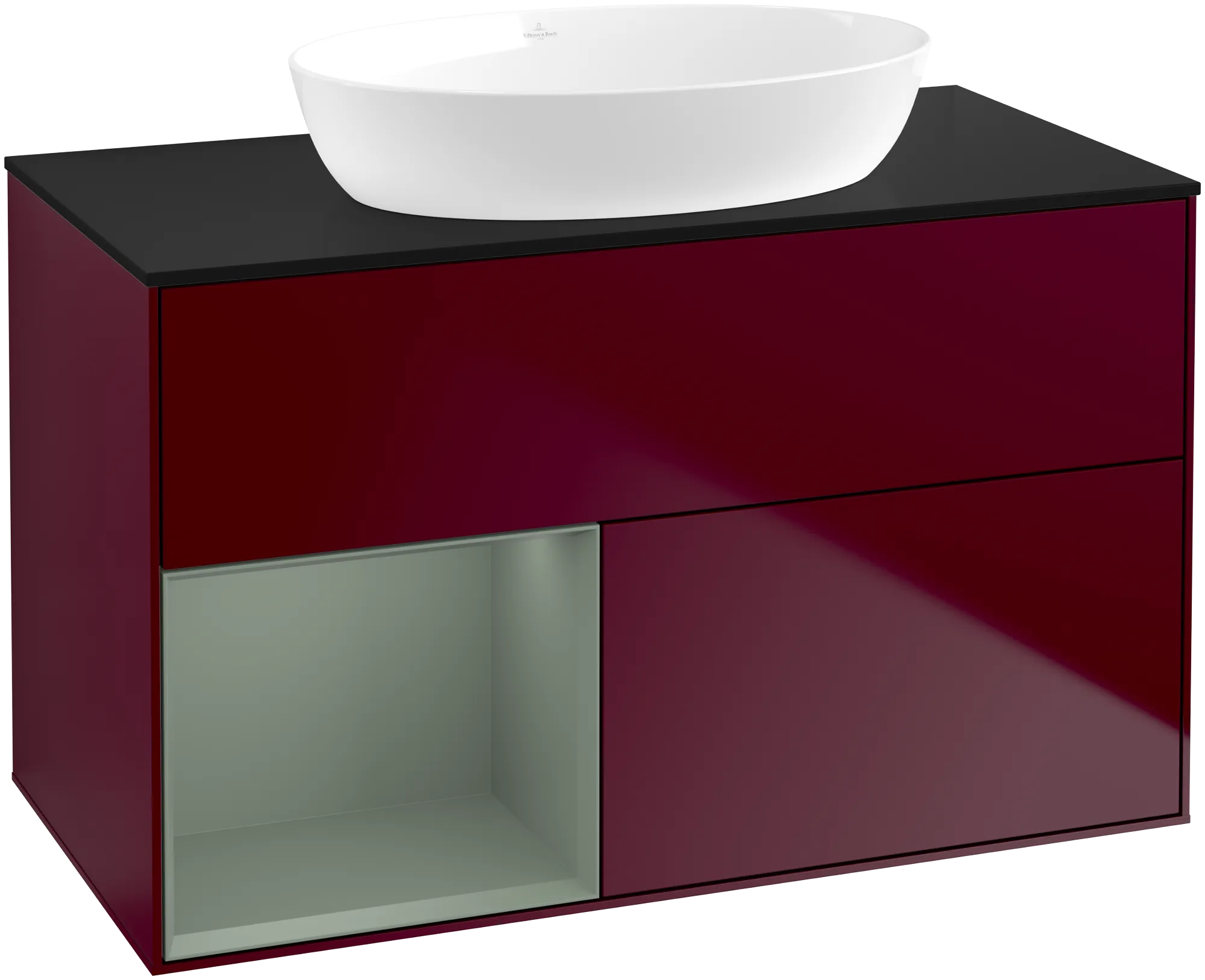 Bild von VILLEROY BOCH Finion Waschbeckenunterschrank, mit Beleuchtung, 2 Auszüge, 1000 x 603 x 501 mm, Peony Matt Lacquer / Olive Matt Lacquer / Glass Black Matt #GA12GMHB