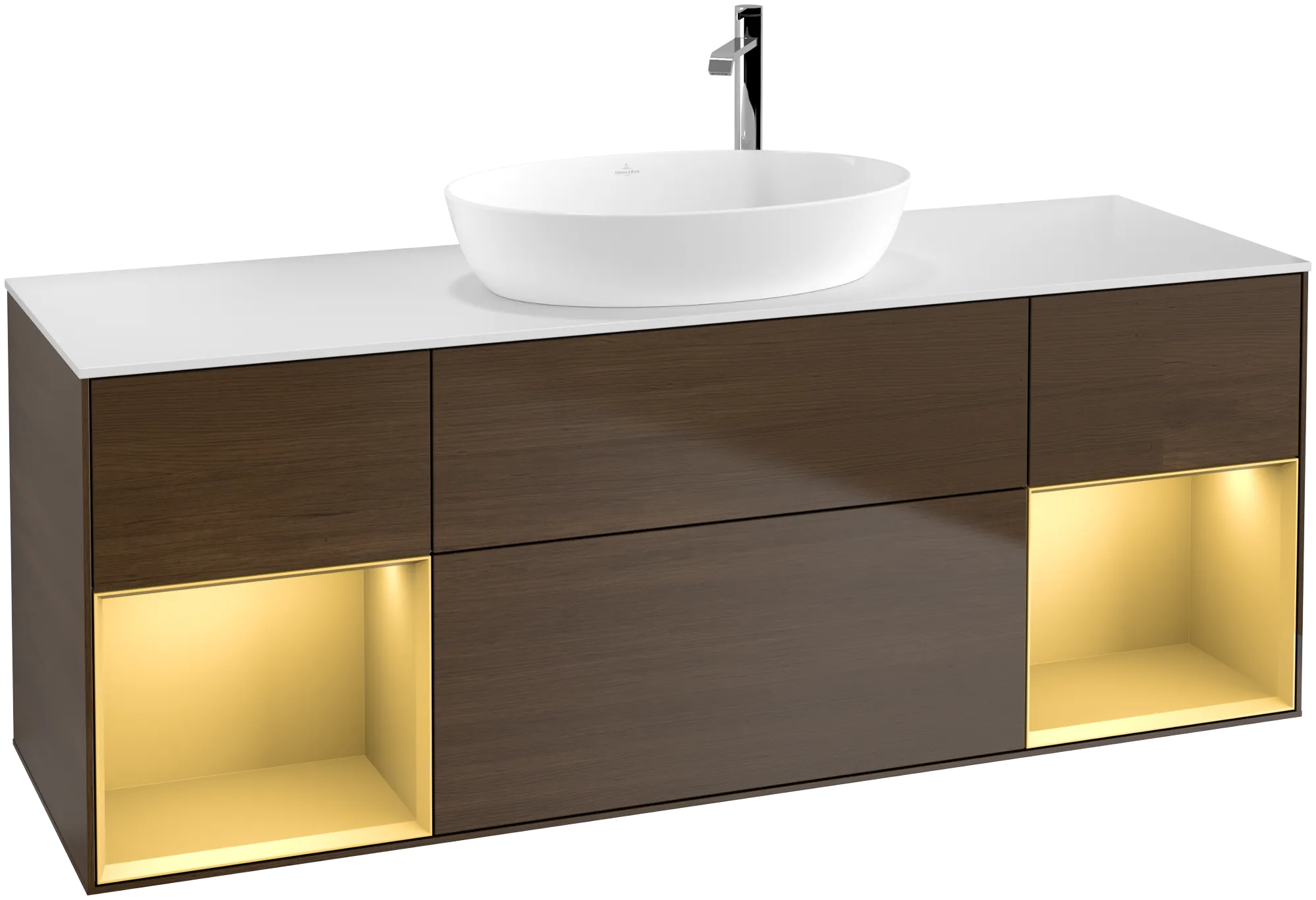 Bild von VILLEROY BOCH Finion Waschbeckenunterschrank, mit Beleuchtung, 4 Auszüge, 1600 x 603 x 501 mm, Walnut Veneer / Gold Matt Lacquer / Glass White Matt #G981HFGN