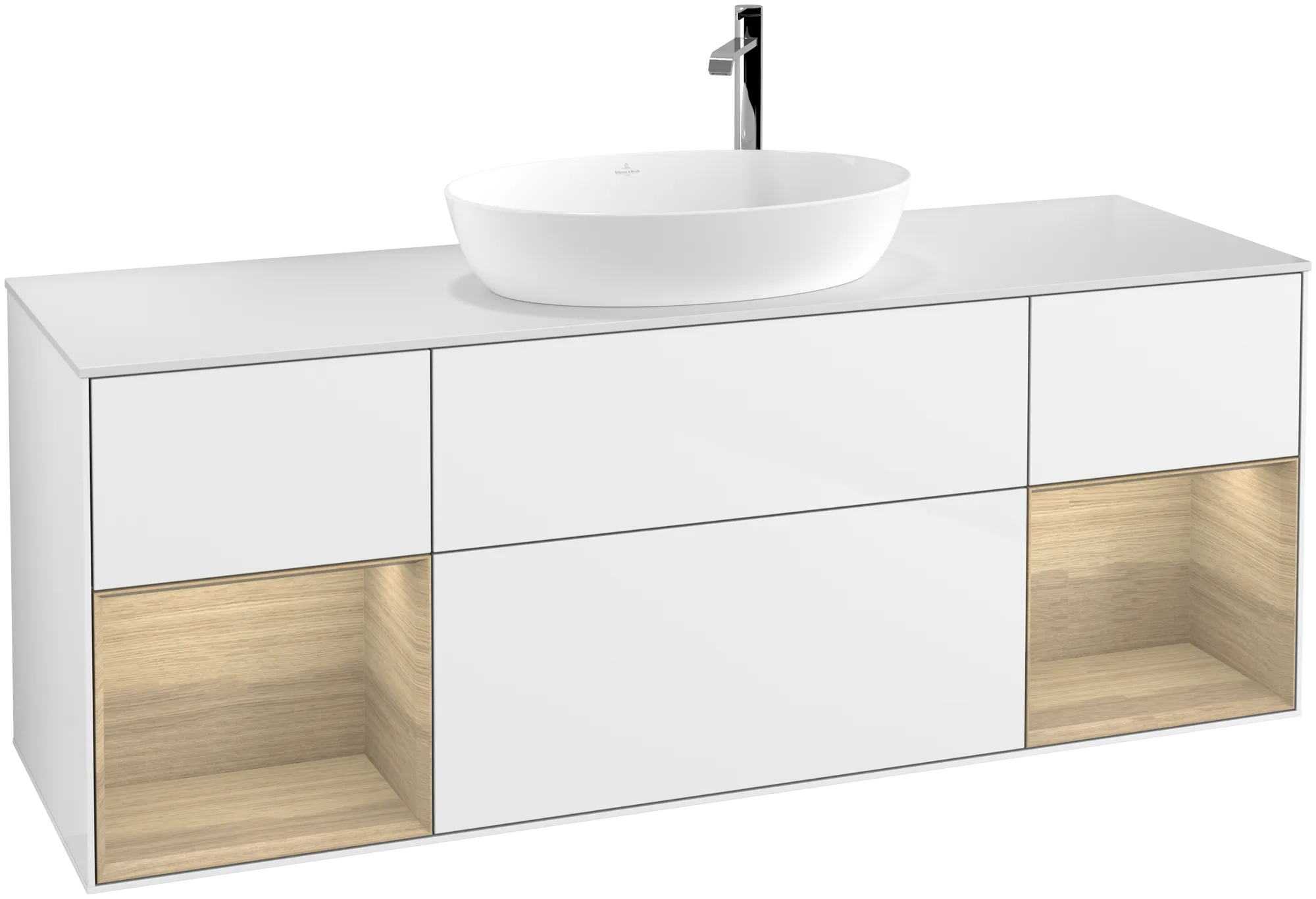Bild von VILLEROY BOCH Finion Waschbeckenunterschrank, mit Beleuchtung, 4 Auszüge, 1600 x 603 x 501 mm, Glossy White Lacquer / Oak Veneer / Glass White Matt #G981PCGF