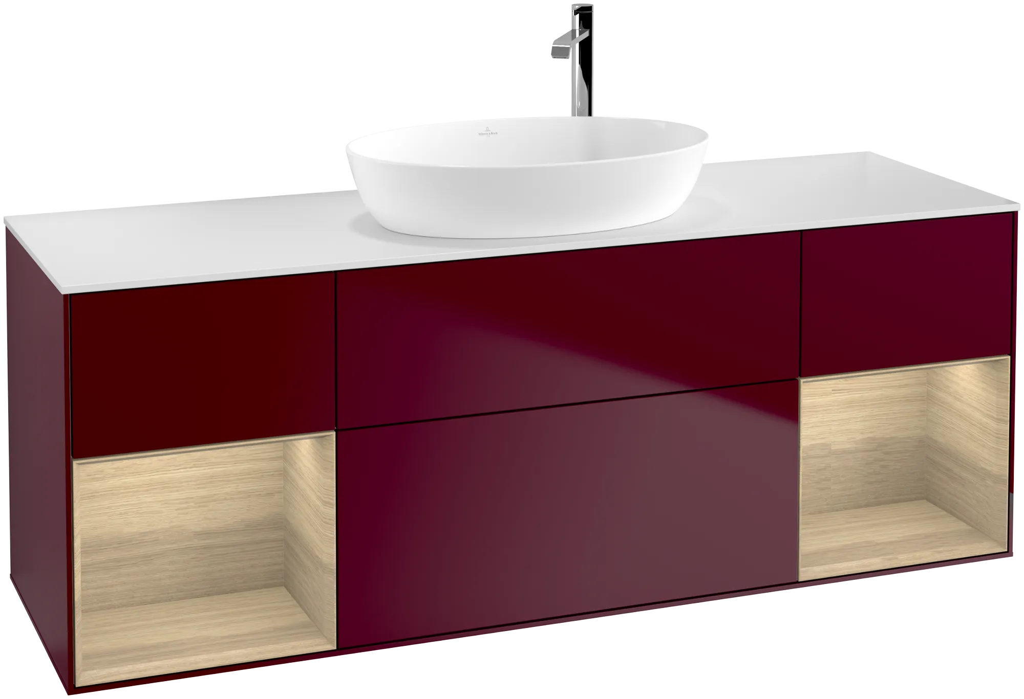 Bild von VILLEROY BOCH Finion Waschbeckenunterschrank, mit Beleuchtung, 4 Auszüge, 1600 x 603 x 501 mm, Peony Matt Lacquer / Oak Veneer / Glass White Matt #G981PCHB