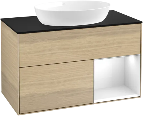 Bild von VILLEROY BOCH Finion Waschbeckenunterschrank, mit Beleuchtung, 2 Auszüge, 1000 x 603 x 501 mm, Oak Veneer / Glossy White Lacquer / Glass Black Matt #GA22GFPC