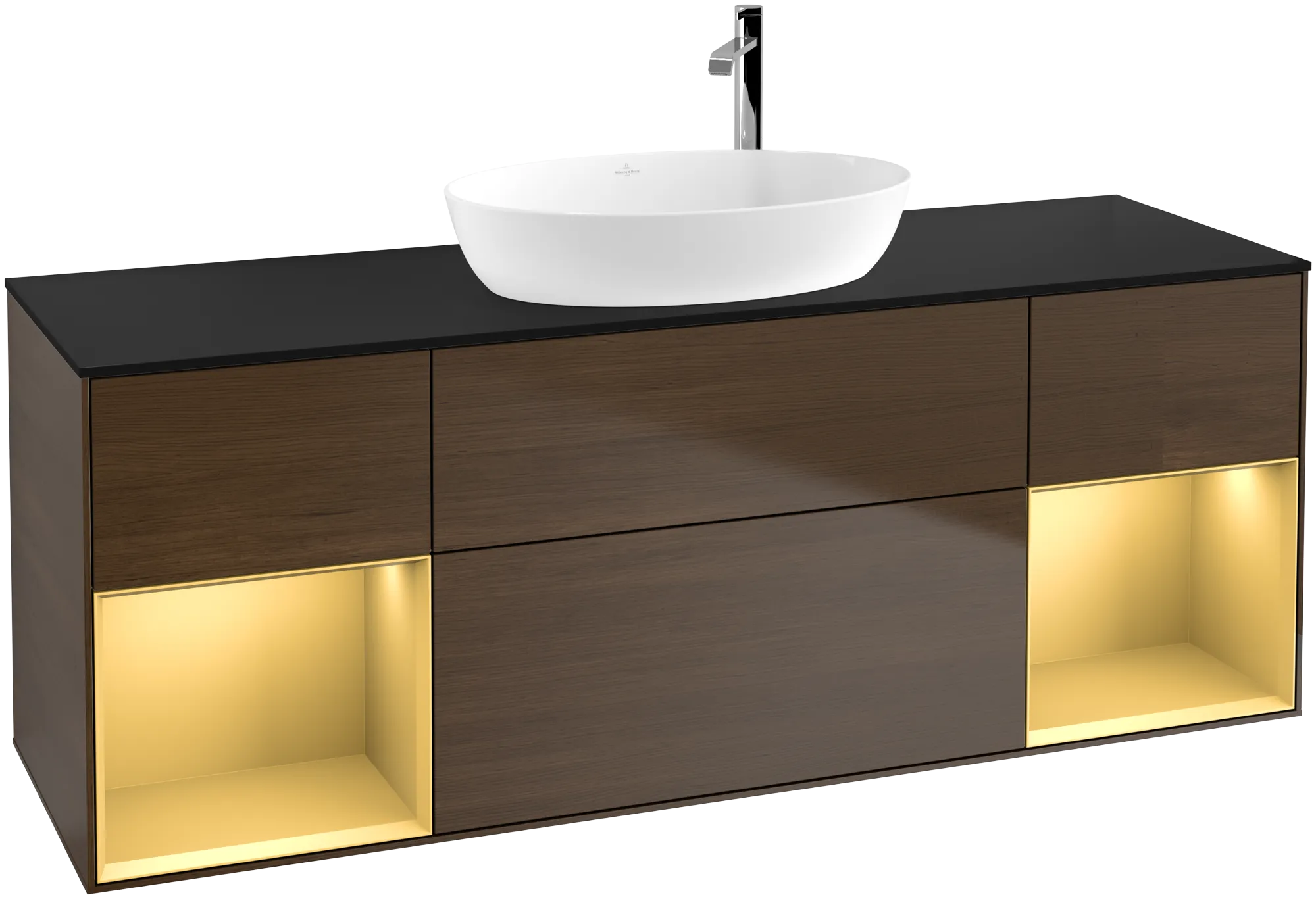 Bild von VILLEROY BOCH Finion Waschbeckenunterschrank, mit Beleuchtung, 4 Auszüge, 1600 x 603 x 501 mm, Walnut Veneer / Gold Matt Lacquer / Glass Black Matt #G982HFGN