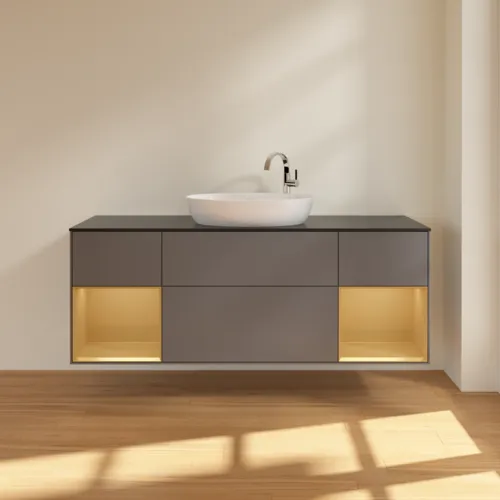Bild von VILLEROY BOCH Finion Waschbeckenunterschrank, mit Beleuchtung, 4 Auszüge, 1600 x 603 x 501 mm, Anthracite Matt Lacquer / Gold Matt Lacquer / Glass Black Matt #G982HFGK