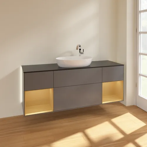 Bild von VILLEROY BOCH Finion Waschbeckenunterschrank, mit Beleuchtung, 4 Auszüge, 1600 x 603 x 501 mm, Anthracite Matt Lacquer / Gold Matt Lacquer / Glass Black Matt #G982HFGK
