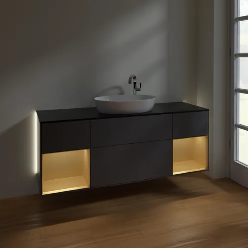 Bild von VILLEROY BOCH Finion Waschbeckenunterschrank, mit Beleuchtung, 4 Auszüge, 1600 x 603 x 501 mm, Anthracite Matt Lacquer / Gold Matt Lacquer / Glass Black Matt #G982HFGK