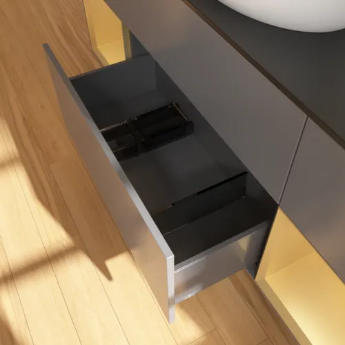 Bild von VILLEROY BOCH Finion Waschbeckenunterschrank, mit Beleuchtung, 4 Auszüge, 1600 x 603 x 501 mm, Anthracite Matt Lacquer / Gold Matt Lacquer / Glass Black Matt #G982HFGK