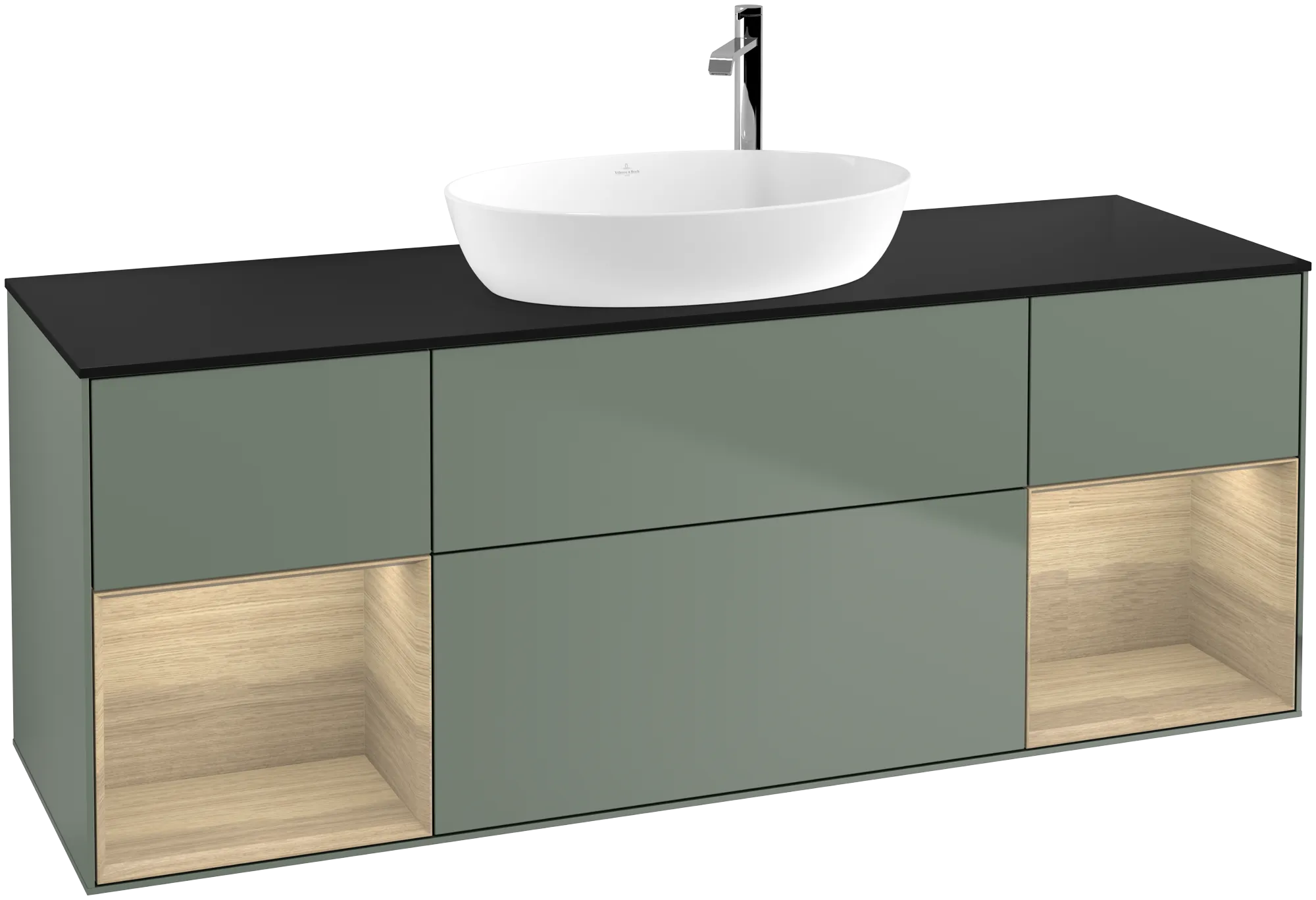 Bild von VILLEROY BOCH Finion Waschbeckenunterschrank, mit Beleuchtung, 4 Auszüge, 1600 x 603 x 501 mm, Olive Matt Lacquer / Oak Veneer / Glass Black Matt #G982PCGM