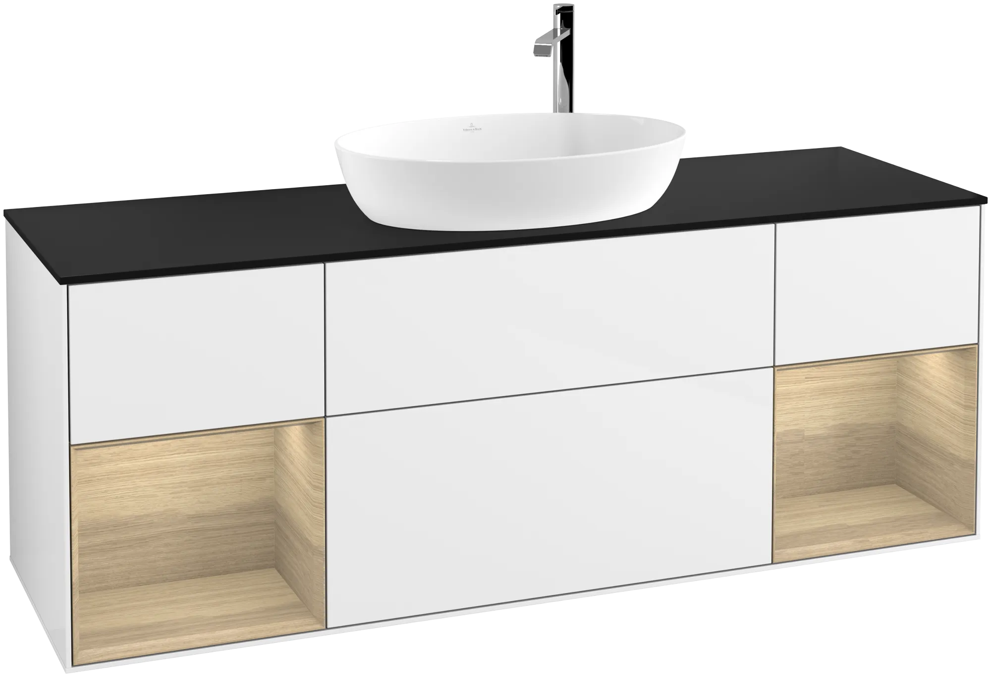 Bild von VILLEROY BOCH Finion Waschbeckenunterschrank, mit Beleuchtung, 4 Auszüge, 1600 x 603 x 501 mm, Glossy White Lacquer / Oak Veneer / Glass Black Matt #G982PCGF
