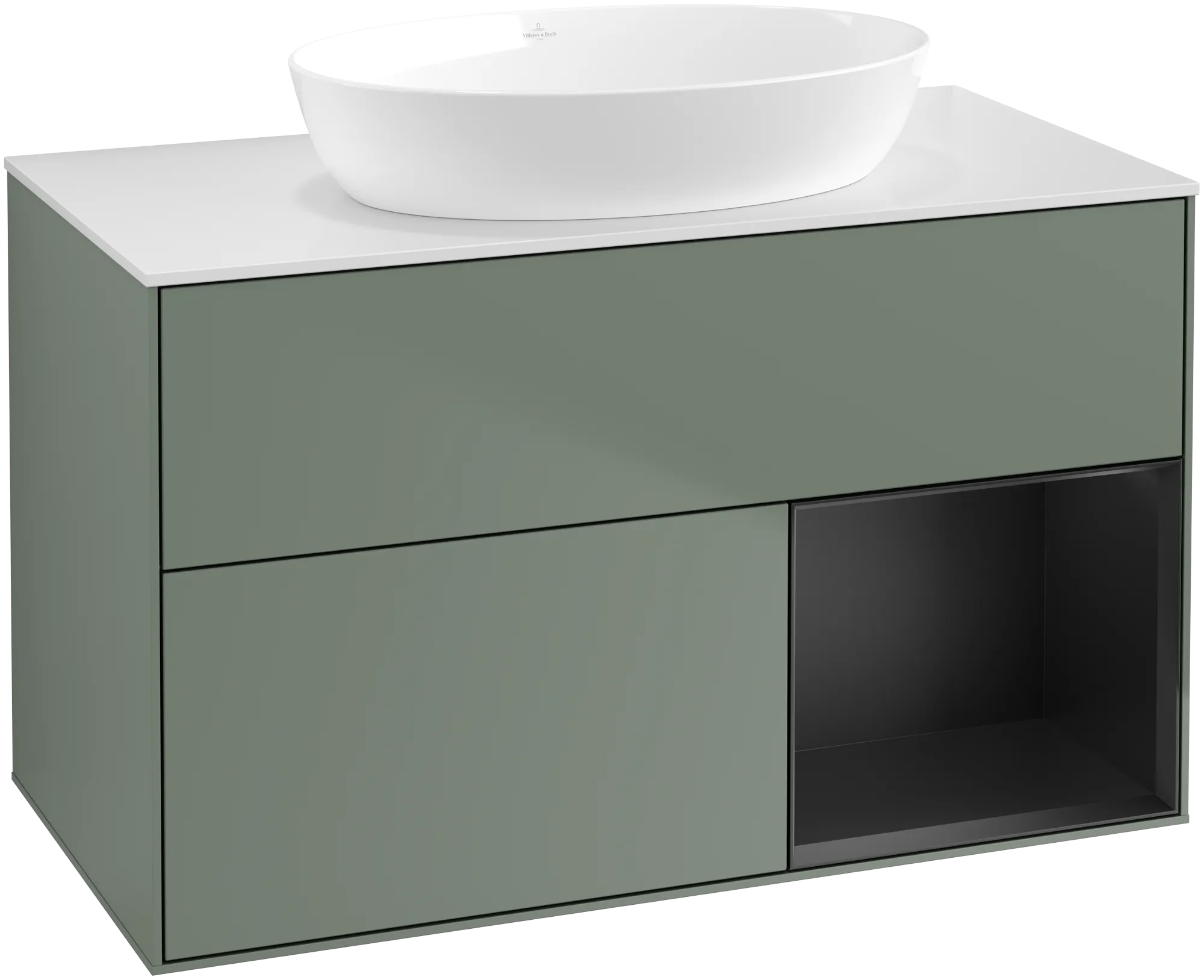 Bild von VILLEROY BOCH Finion Waschbeckenunterschrank, mit Beleuchtung, 2 Auszüge, 1000 x 603 x 501 mm, Olive Matt Lacquer / Black Matt Lacquer / Glass White Matt #GA21PDGM