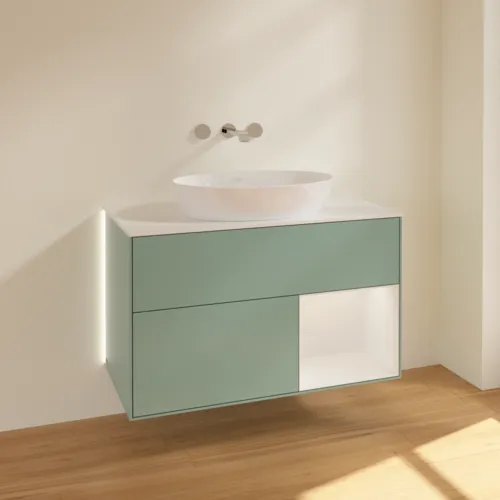 Bild von VILLEROY BOCH Finion Waschbeckenunterschrank, mit Beleuchtung, 2 Auszüge, 1000 x 603 x 501 mm, Olive Matt Lacquer / Glossy White Lacquer / Glass White Matt #GA21GFGM