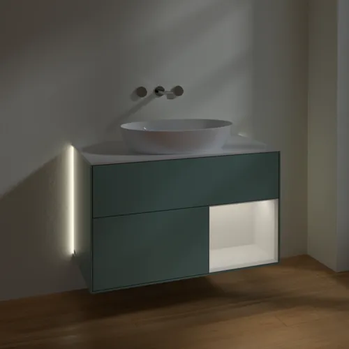 Bild von VILLEROY BOCH Finion Waschbeckenunterschrank, mit Beleuchtung, 2 Auszüge, 1000 x 603 x 501 mm, Olive Matt Lacquer / Glossy White Lacquer / Glass White Matt #GA21GFGM