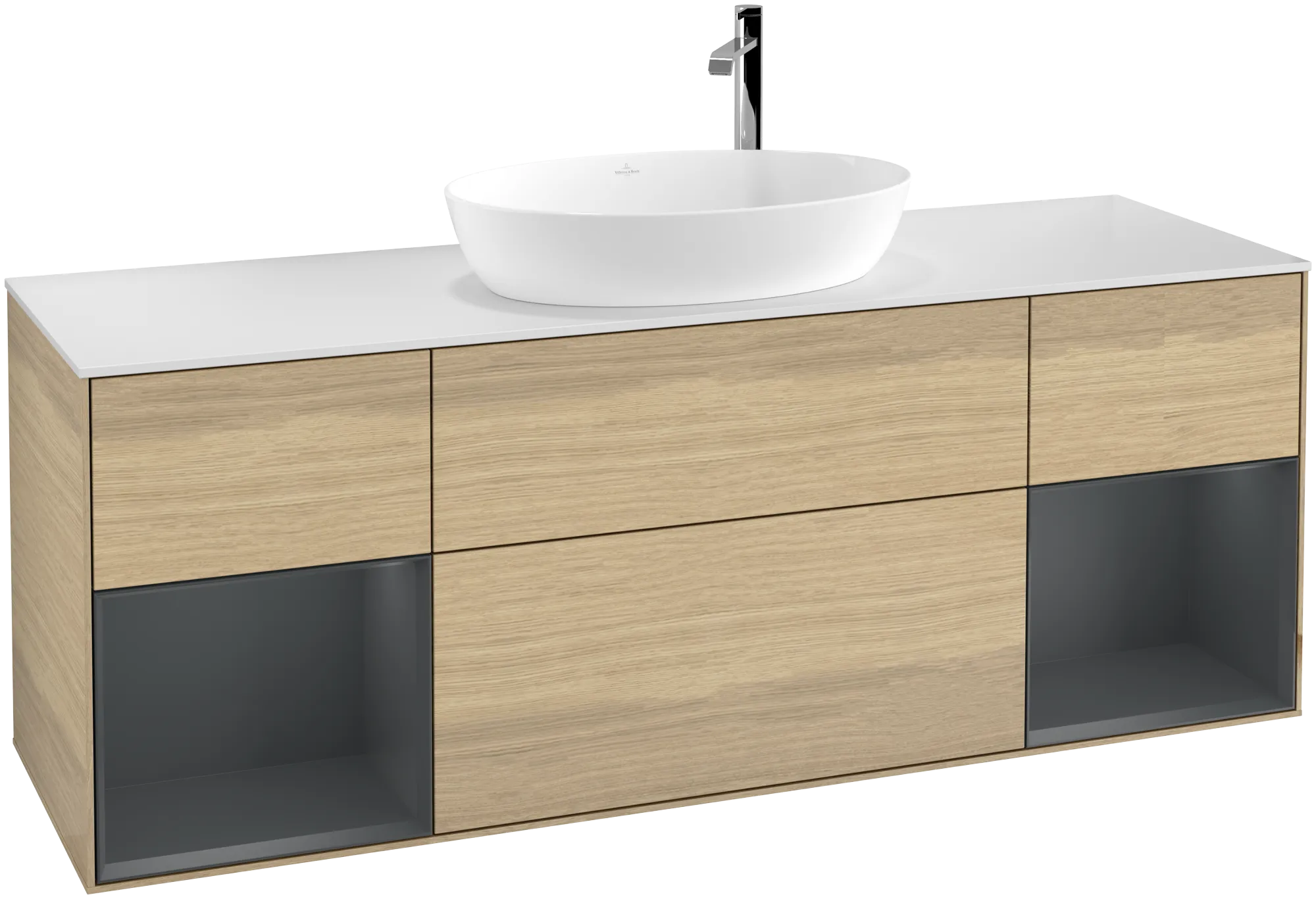Bild von VILLEROY BOCH Finion Waschbeckenunterschrank, mit Beleuchtung, 4 Auszüge, 1600 x 603 x 501 mm, Oak Veneer / Midnight Blue Matt Lacquer / Glass White Matt #G981HGPC