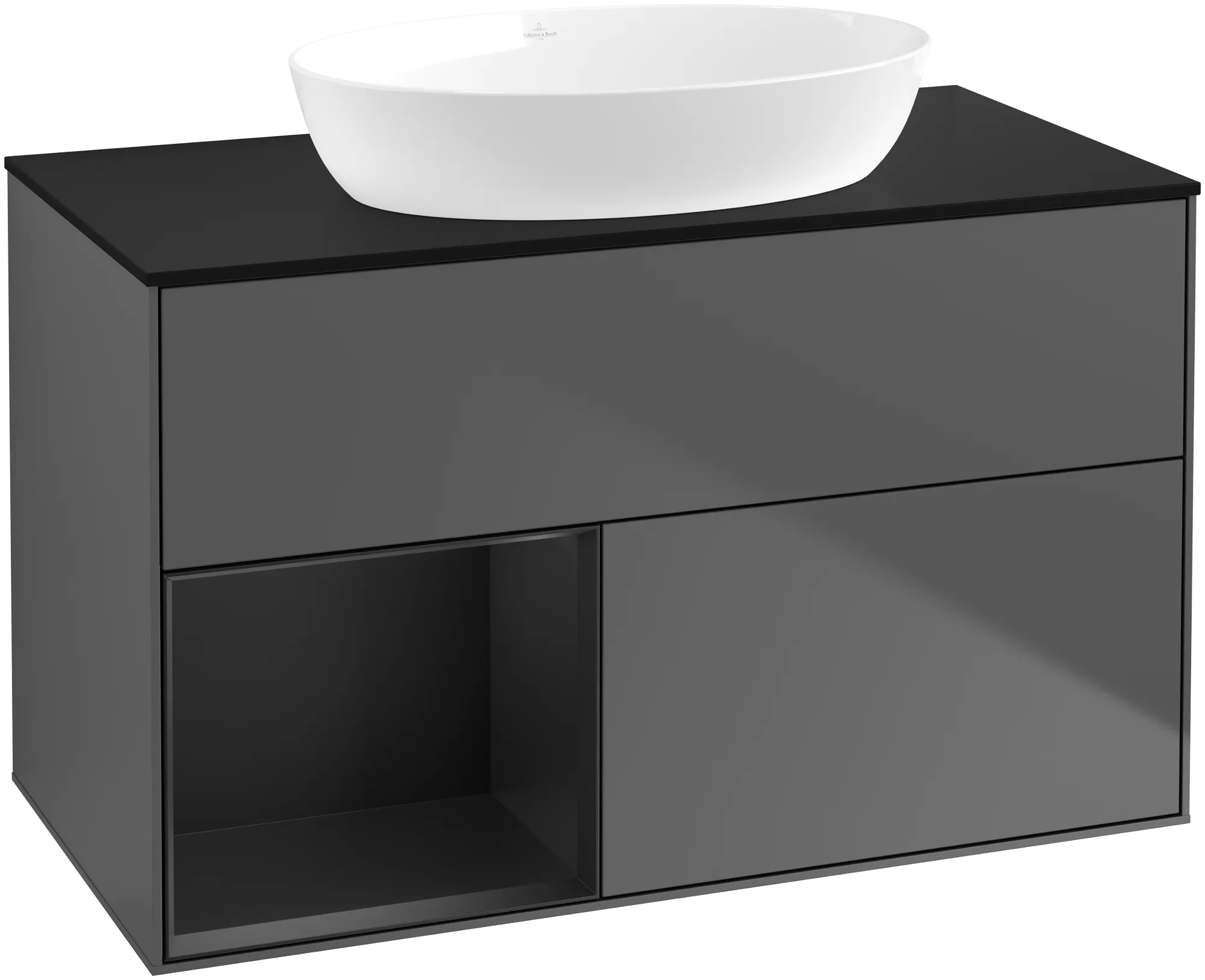 Bild von VILLEROY BOCH Finion Waschbeckenunterschrank, mit Beleuchtung, 2 Auszüge, 1000 x 603 x 501 mm, Anthracite Matt Lacquer / Black Matt Lacquer / Glass Black Matt #GA12PDGK
