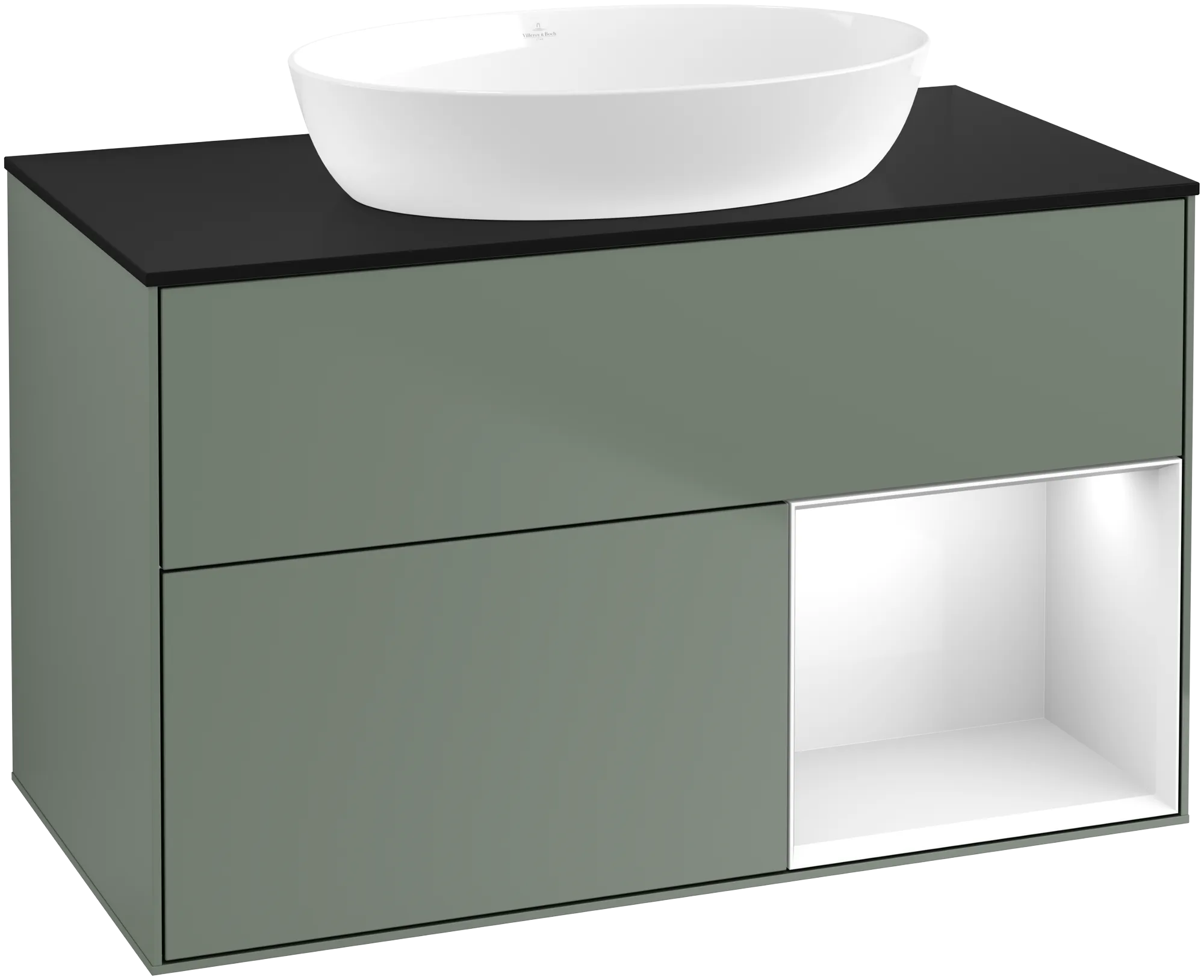 Bild von VILLEROY BOCH Finion Waschbeckenunterschrank, mit Beleuchtung, 2 Auszüge, 1000 x 603 x 501 mm, Olive Matt Lacquer / Glossy White Lacquer / Glass Black Matt #GA22GFGM
